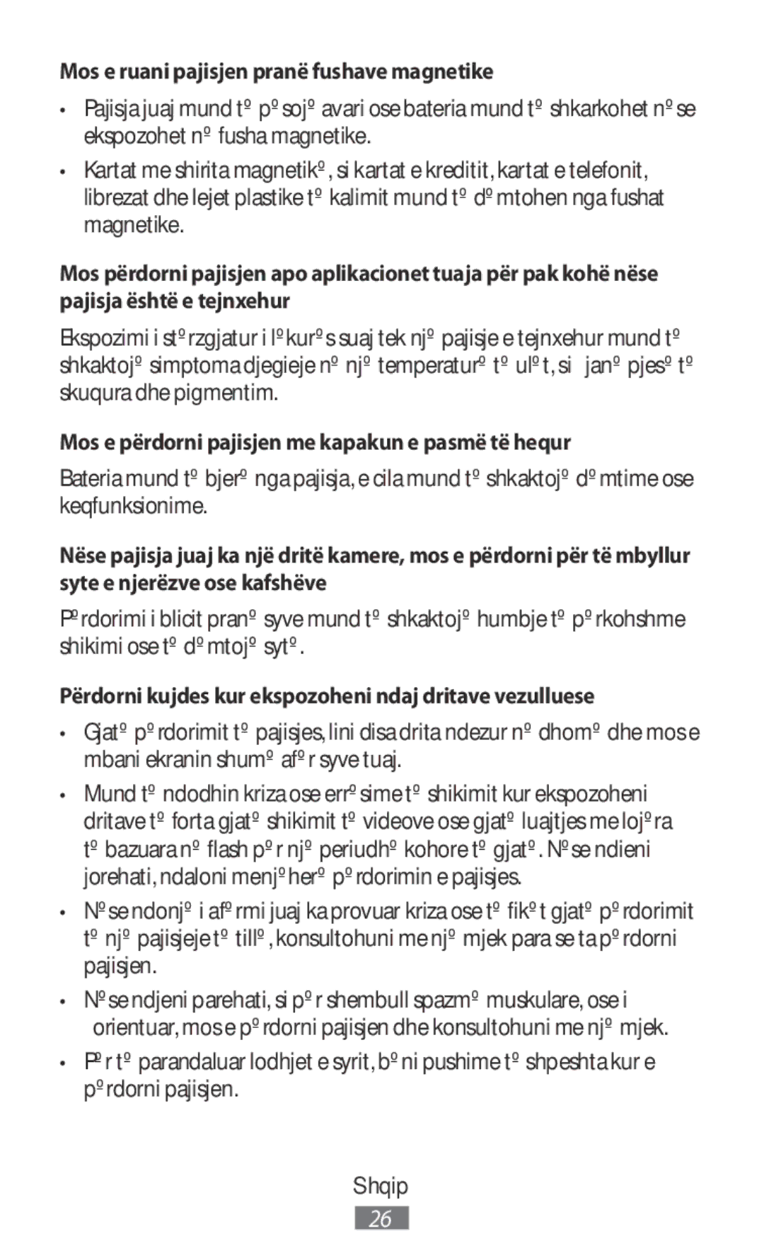 Samsung SM-T800NTSABGL Mos e ruani pajisjen pranë fushave magnetike, Mos e përdorni pajisjen me kapakun e pasmë të hequr 