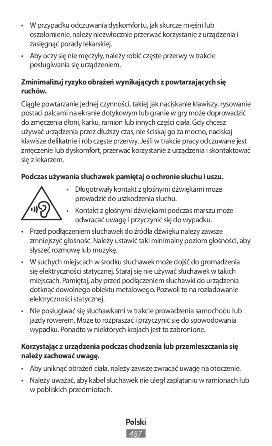 Samsung SM-T800NTSAXEF, SM-T800NZWAEUR, SM-T800NTSAATO manual Podczas używania słuchawek pamiętaj o ochronie słuchu i uszu 