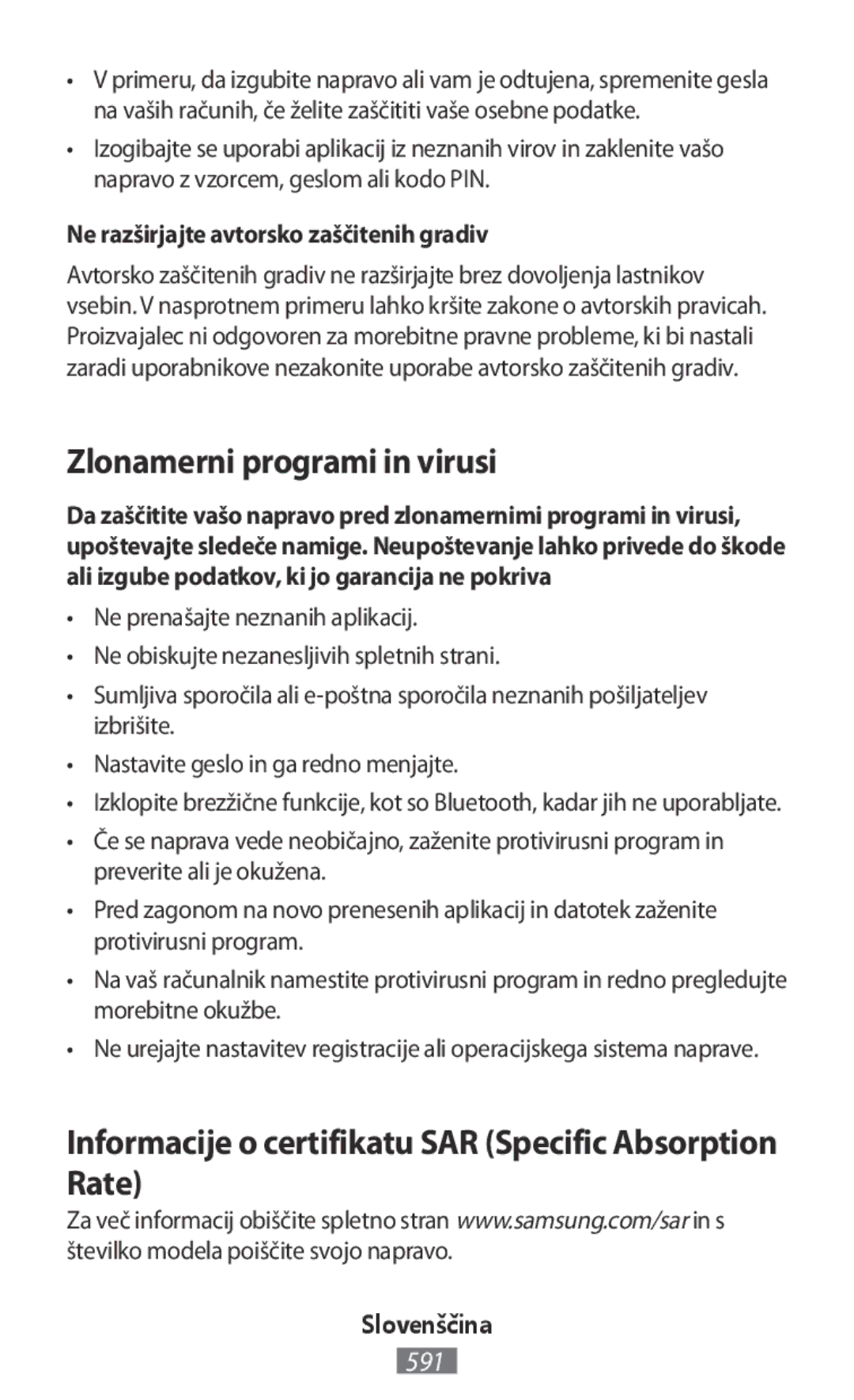 Samsung SM-T800NZWABGL manual Zlonamerni programi in virusi, Informacije o certifikatu SAR Specific Absorption Rate 