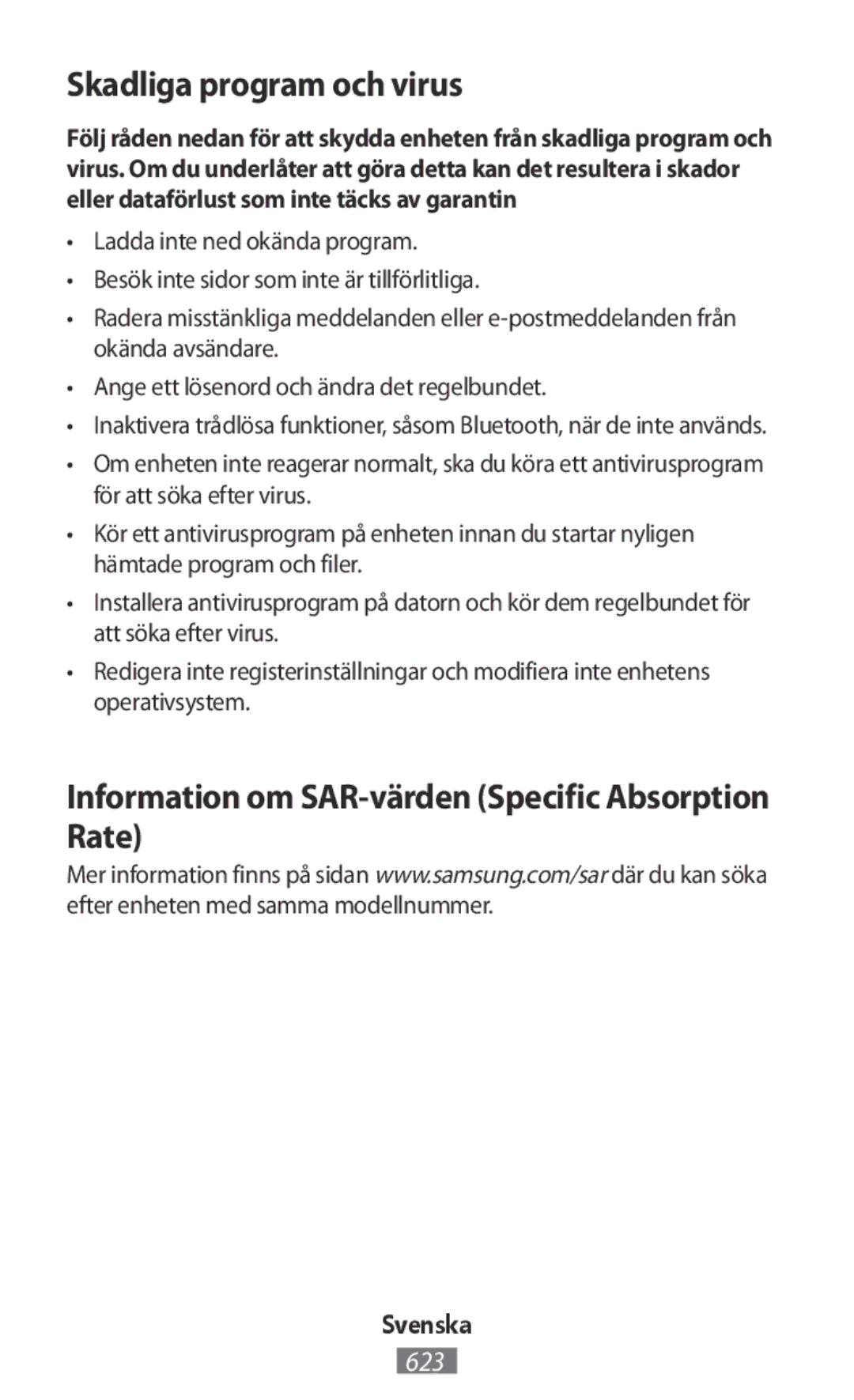 Samsung SM-T800NTSADBT, SM-T800NZWAEUR manual Skadliga program och virus, Information om SAR-värden Specific Absorption Rate 