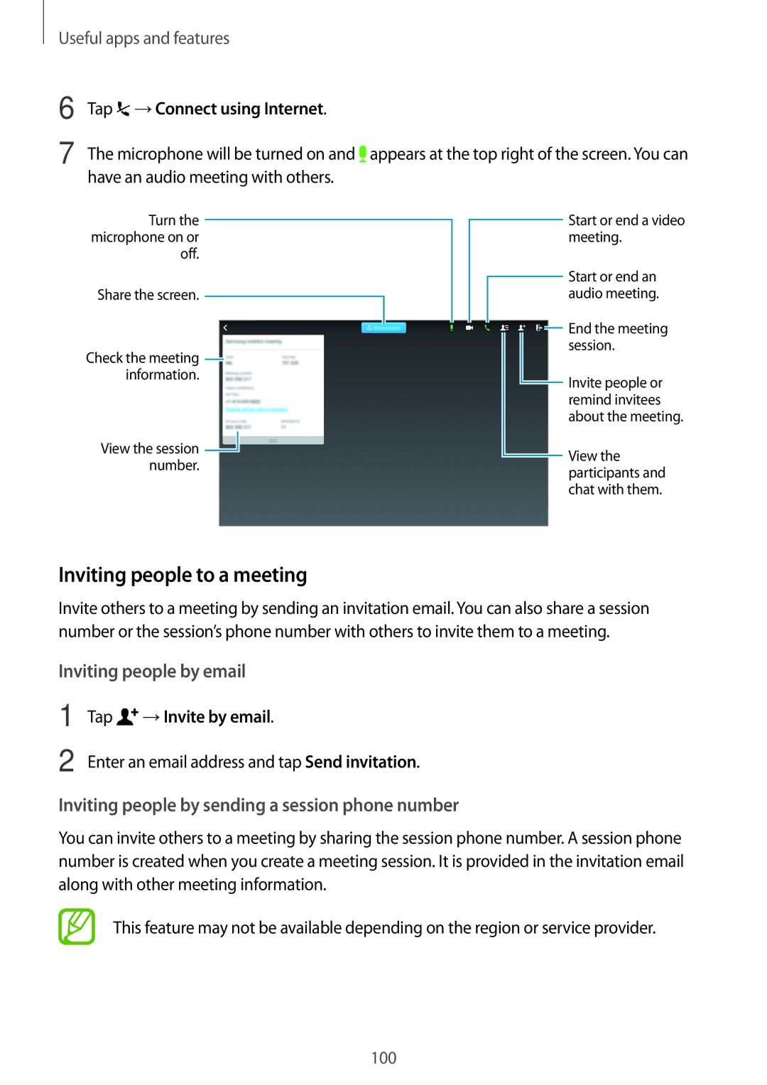 Samsung SM-T800NTSATPH, SM-T800NZWAEUR manual Inviting people to a meeting, Tap →Connect using Internet, →Invite by email 