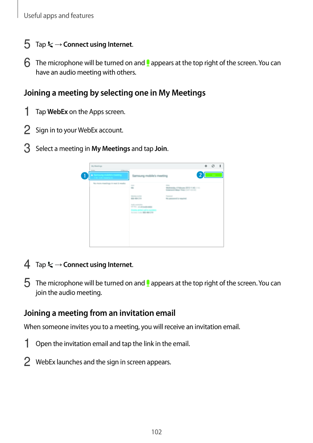 Samsung SM-T800NTSETPH manual Joining a meeting by selecting one in My Meetings, Joining a meeting from an invitation email 