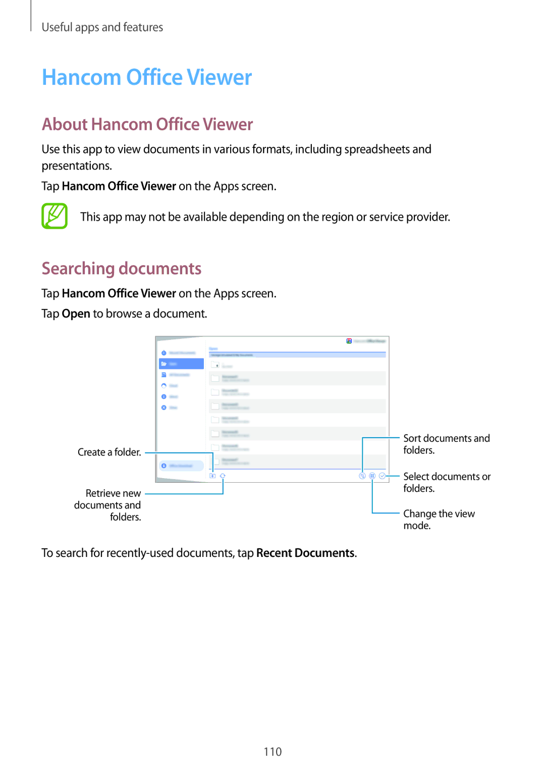 Samsung SM-T800NZWAXEF, SM-T800NZWAEUR, SM-T800NTSAATO, SM-T800NHAAATO About Hancom Office Viewer, Searching documents 