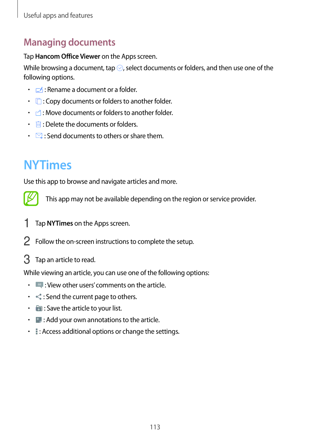 Samsung SM-T800NHAAXEF, SM-T800NZWAEUR, SM-T800NTSAATO, SM-T800NHAAATO, SM-T800NTSASEB manual NYTimes, Managing documents 