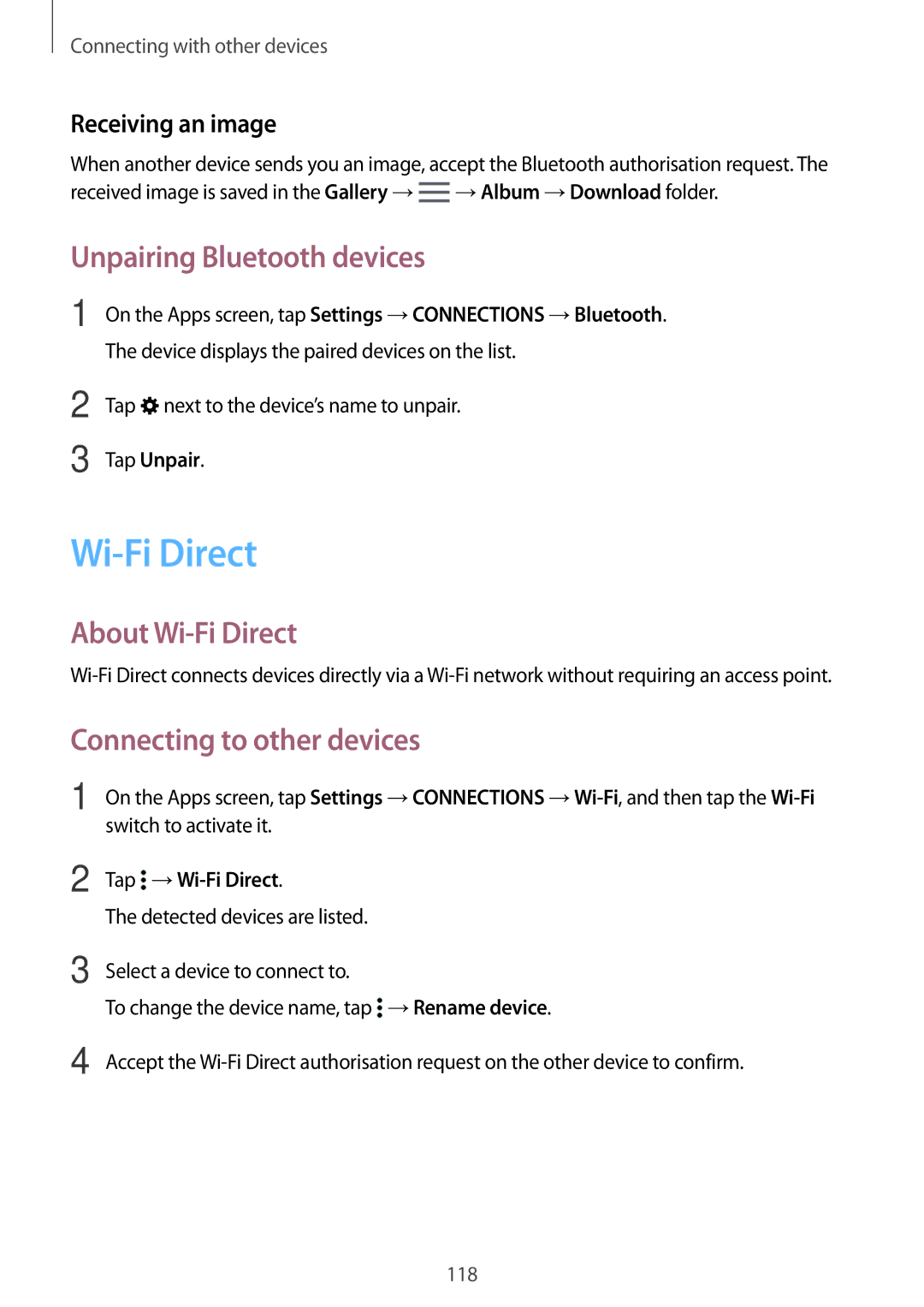 Samsung SM-T800NZWAITV, SM-T800NZWAEUR Unpairing Bluetooth devices, About Wi-Fi Direct, Connecting to other devices 