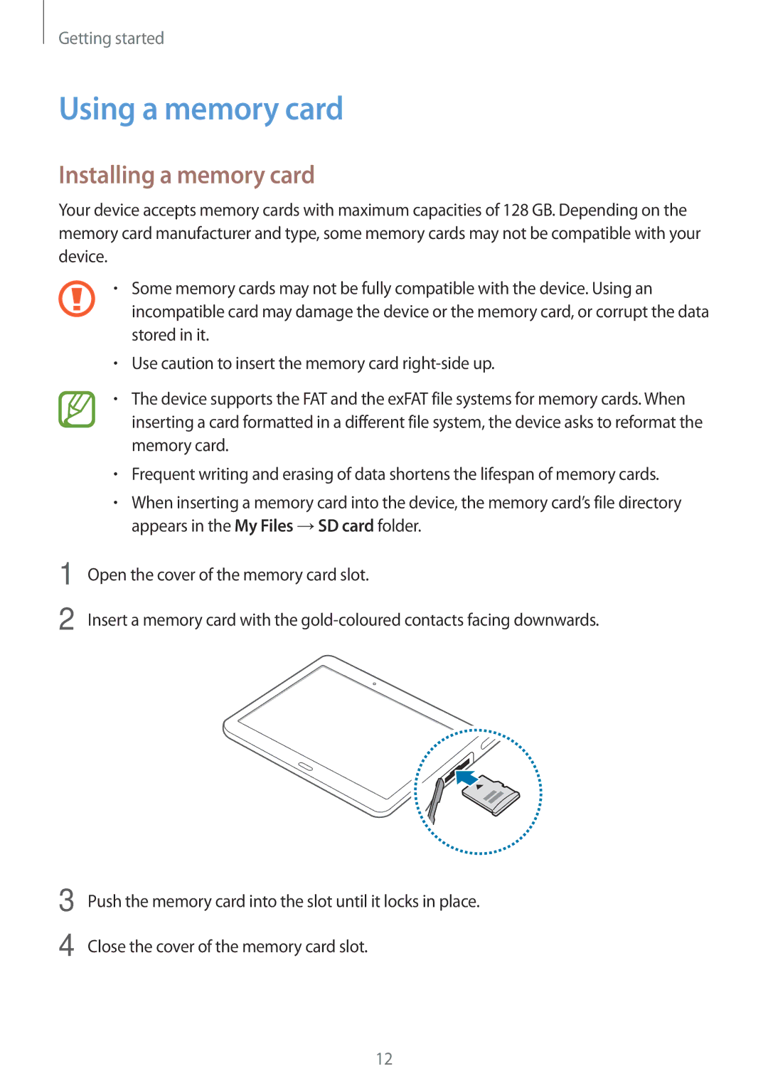 Samsung SM-T800NTSATUR, SM-T800NZWAEUR, SM-T800NTSAATO, SM-T800NHAAATO manual Using a memory card, Installing a memory card 