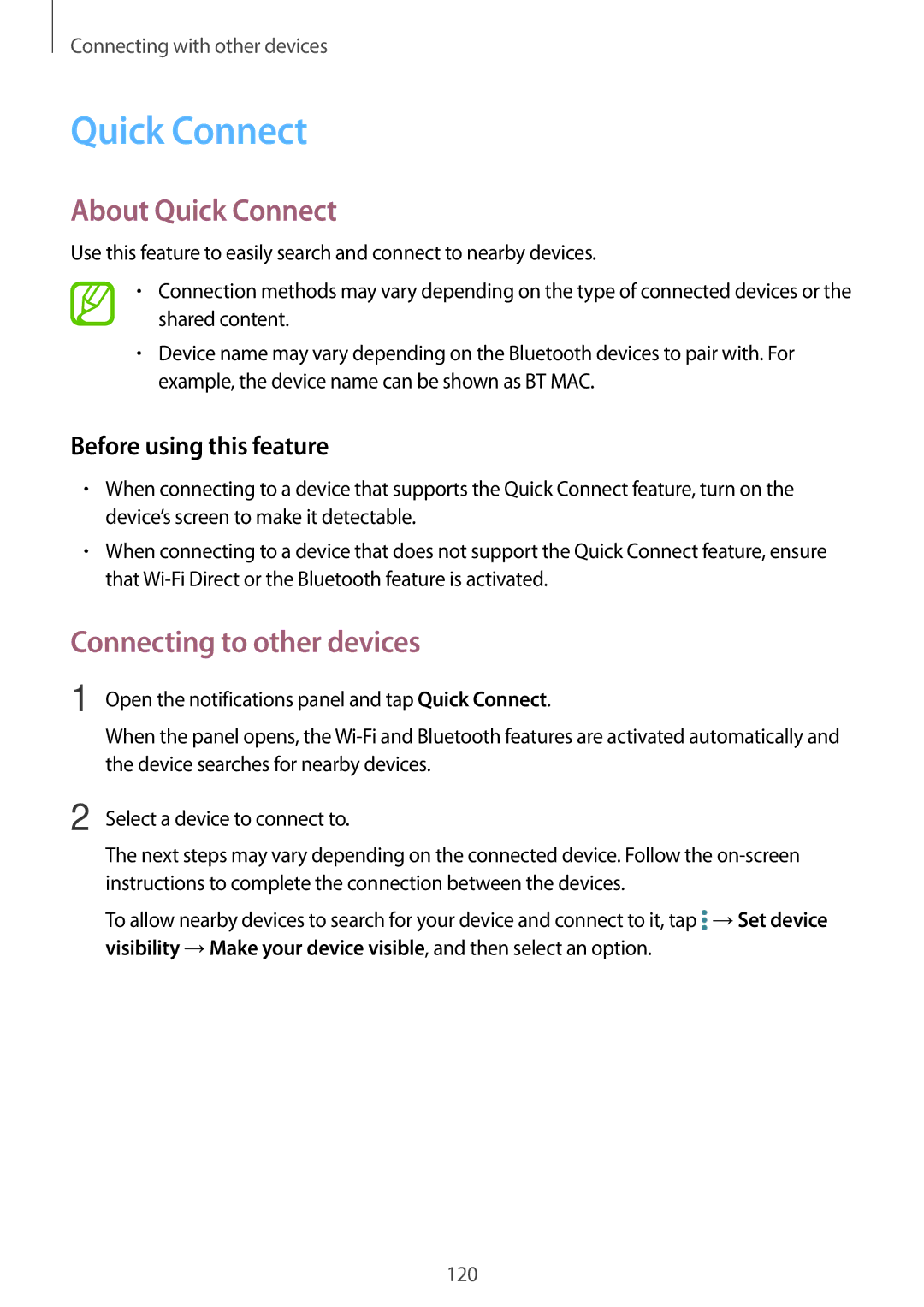 Samsung SM-T800NZWAPHE, SM-T800NZWAEUR, SM-T800NTSAATO, SM-T800NHAAATO About Quick Connect, Before using this feature 