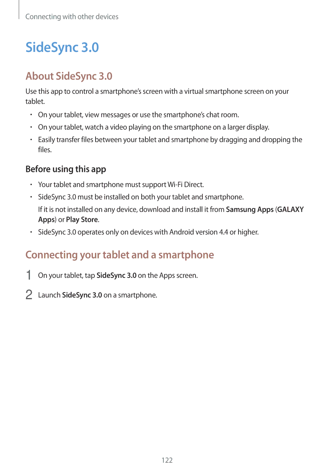 Samsung SM-T800NZWABGL, SM-T800NZWAEUR, SM-T800NTSAATO manual About SideSync, Connecting your tablet and a smartphone 