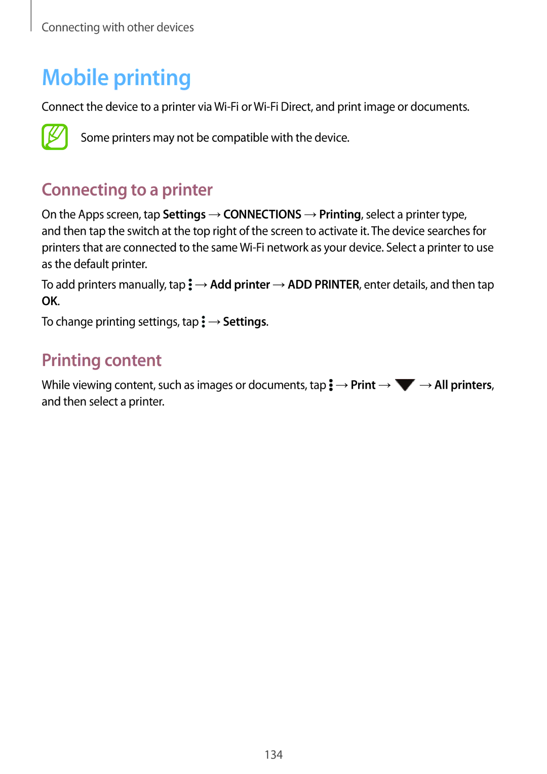 Samsung SM-T800NTSANEE, SM-T800NZWAEUR, SM-T800NTSAATO manual Mobile printing, Connecting to a printer, Printing content 