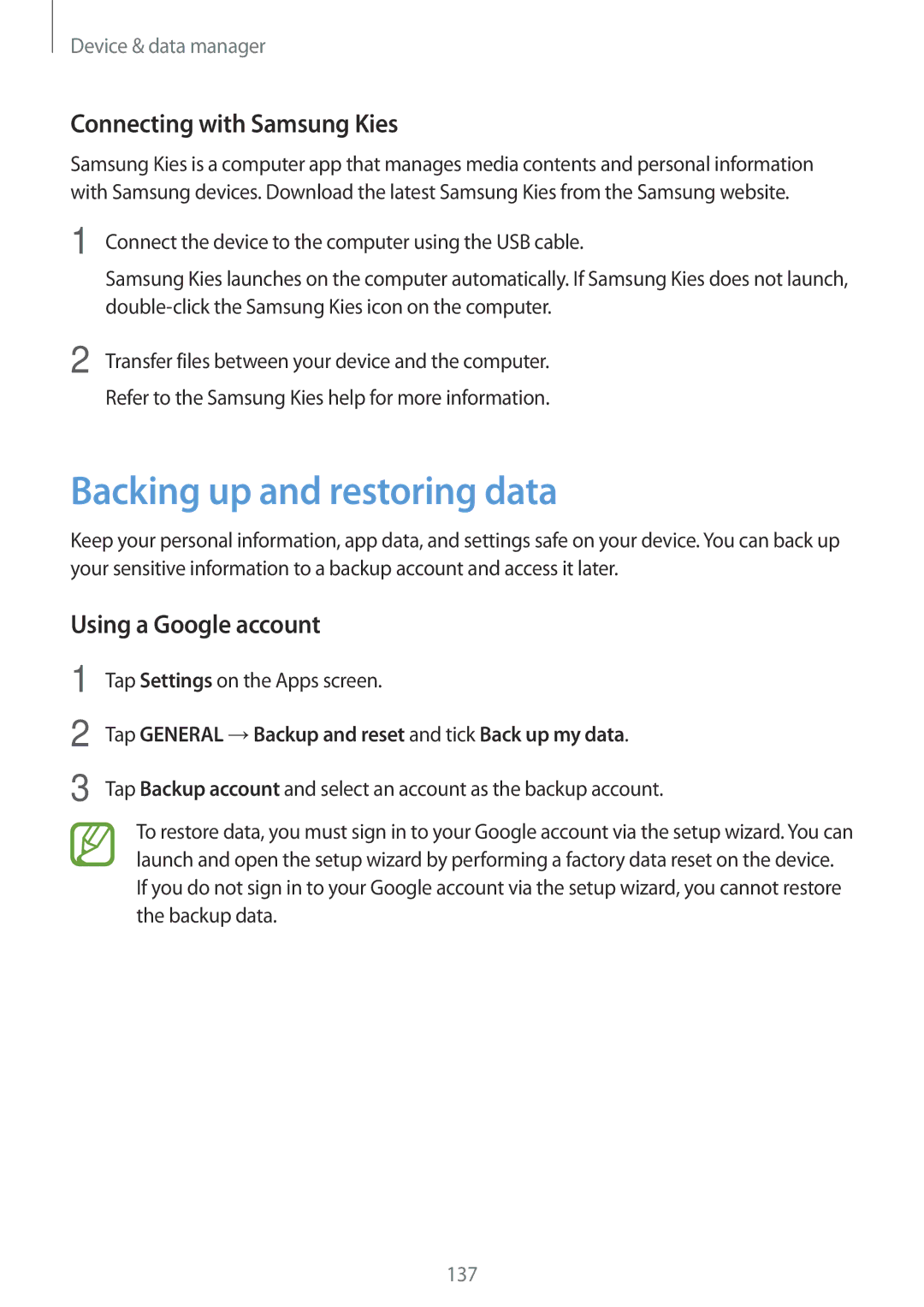 Samsung SM-T800NZWYSER, SM-T800NZWAEUR Backing up and restoring data, Connecting with Samsung Kies, Using a Google account 