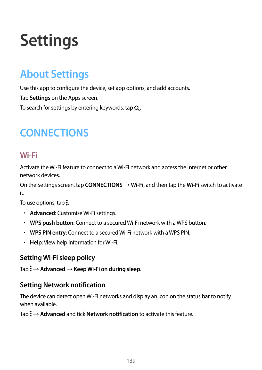 Samsung SM-T800NTSASER, SM-T800NZWAEUR About Settings, Setting Wi-Fi sleep policy, Setting Network notification 