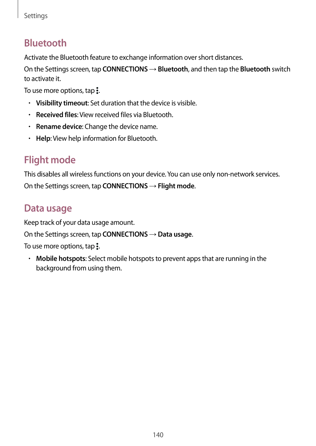 Samsung SM-T800NHAASER, SM-T800NZWAEUR, SM-T800NTSAATO, SM-T800NHAAATO, SM-T800NTSASEB Bluetooth, Flight mode, Data usage 