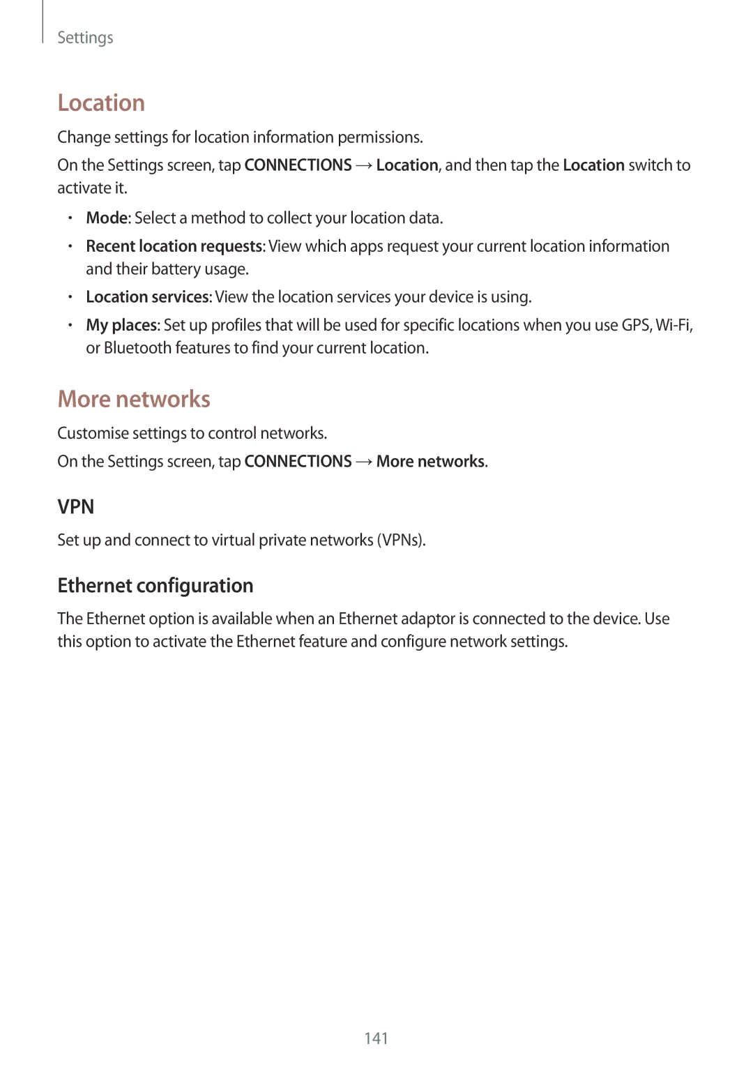 Samsung SM-T800NZWAEUR, SM-T800NTSAATO, SM-T800NHAAATO, SM-T800NTSASEB manual Location, More networks, Ethernet configuration 