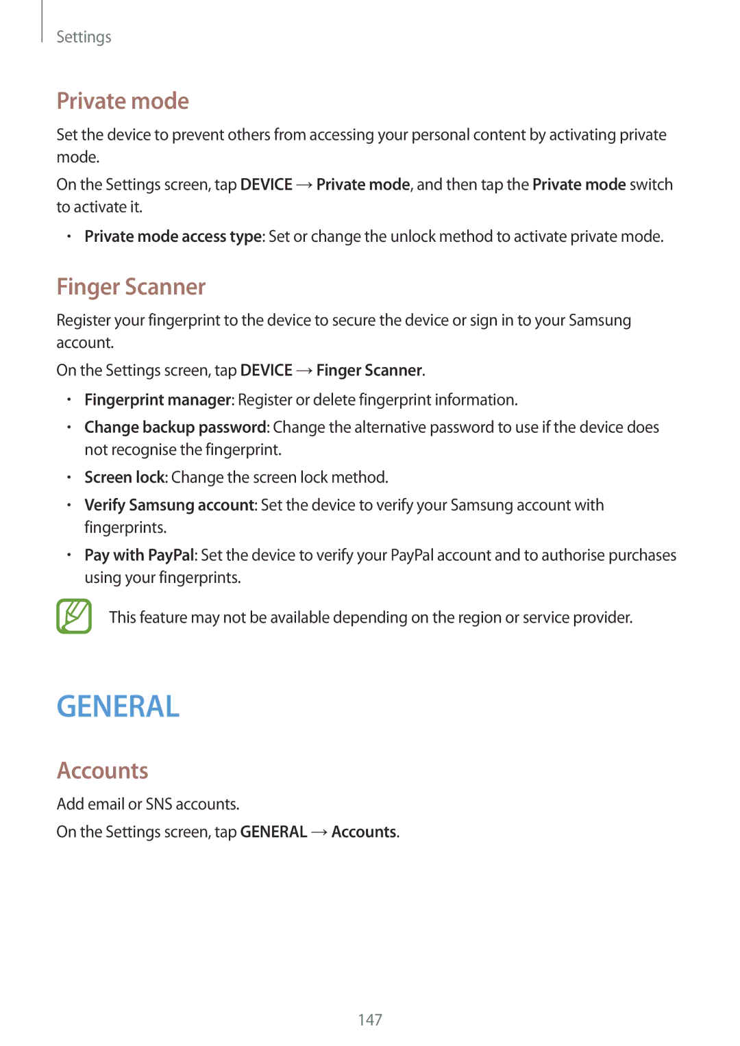 Samsung SM-T800NTSATPH, SM-T800NZWAEUR, SM-T800NTSAATO, SM-T800NHAAATO, SM-T800NTSASEB Private mode, Finger Scanner, Accounts 