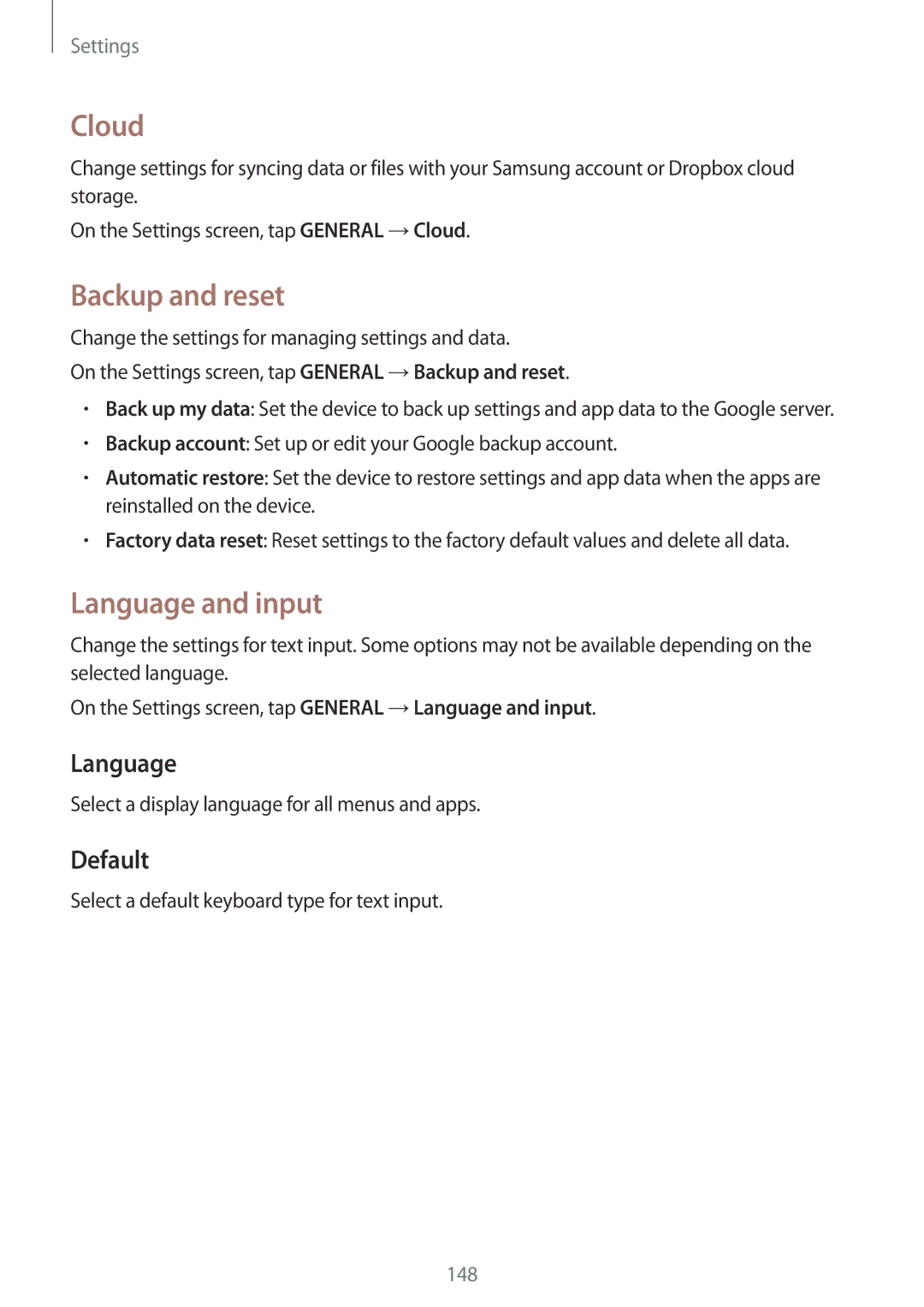 Samsung SM-T800NZWATUR, SM-T800NZWAEUR, SM-T800NTSAATO, SM-T800NHAAATO Cloud, Backup and reset, Language and input, Default 