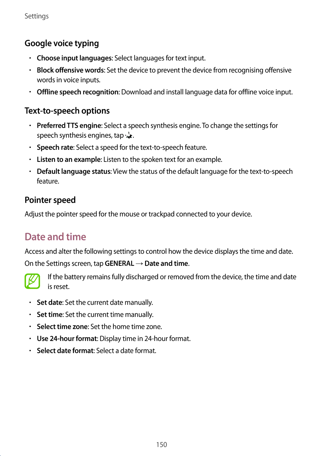 Samsung SM-T800NTSAEUR, SM-T800NZWAEUR manual Date and time, Google voice typing, Text-to-speech options, Pointer speed 