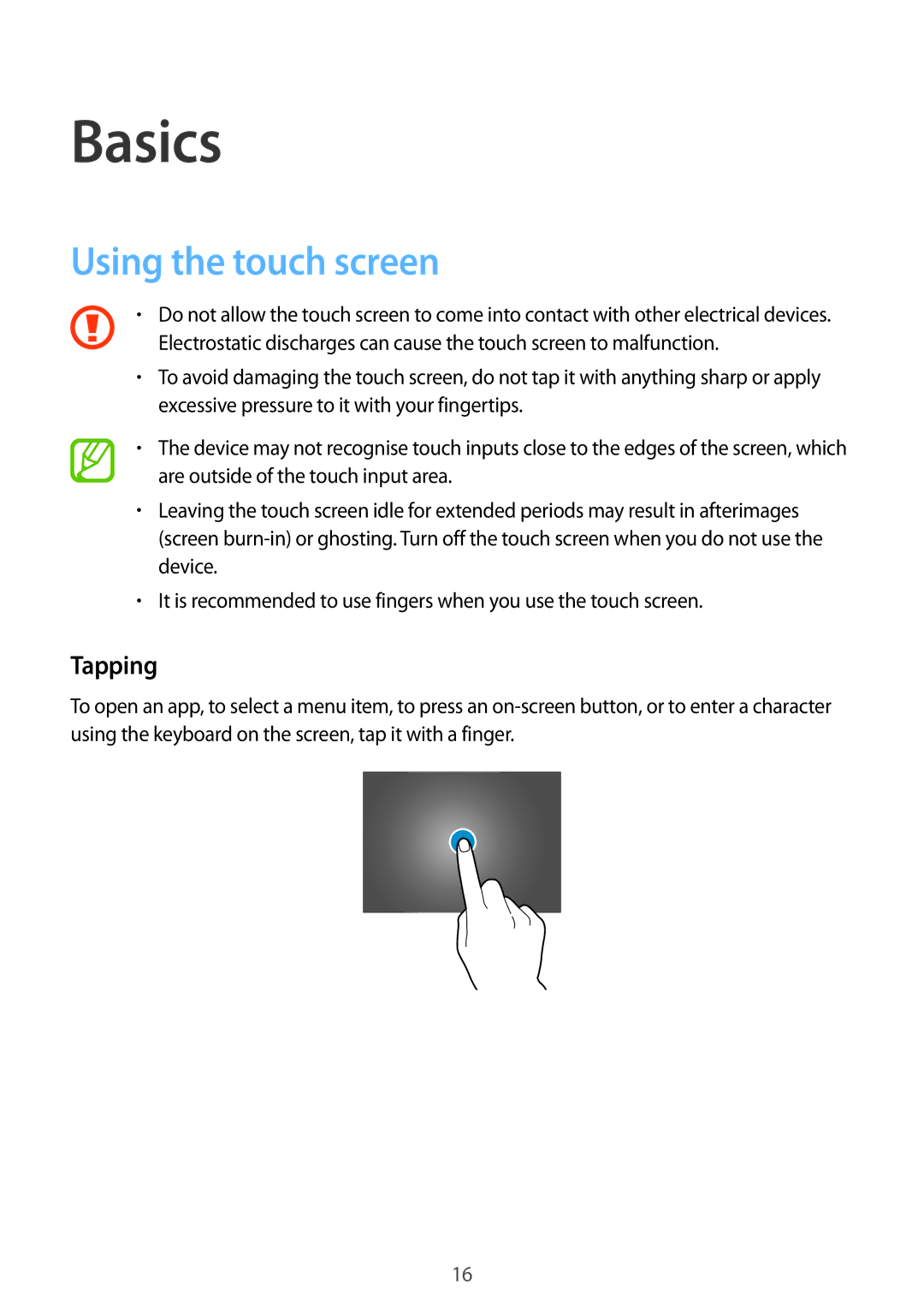 Samsung SM-T800NZWAXEF, SM-T800NZWAEUR, SM-T800NTSAATO, SM-T800NHAAATO manual Basics, Using the touch screen, Tapping 