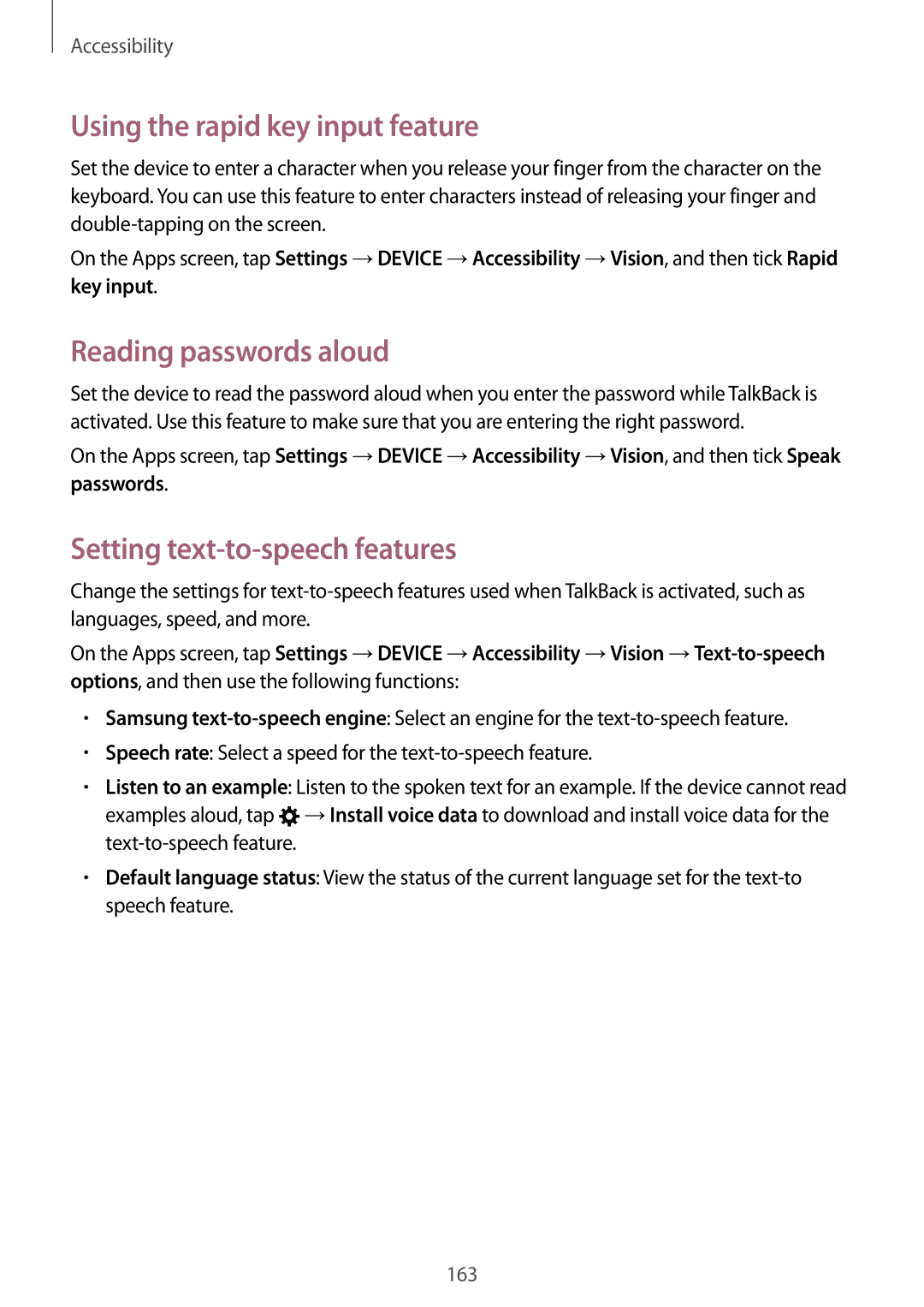 Samsung SM-T800NTSAAUT manual Using the rapid key input feature, Reading passwords aloud, Setting text-to-speech features 