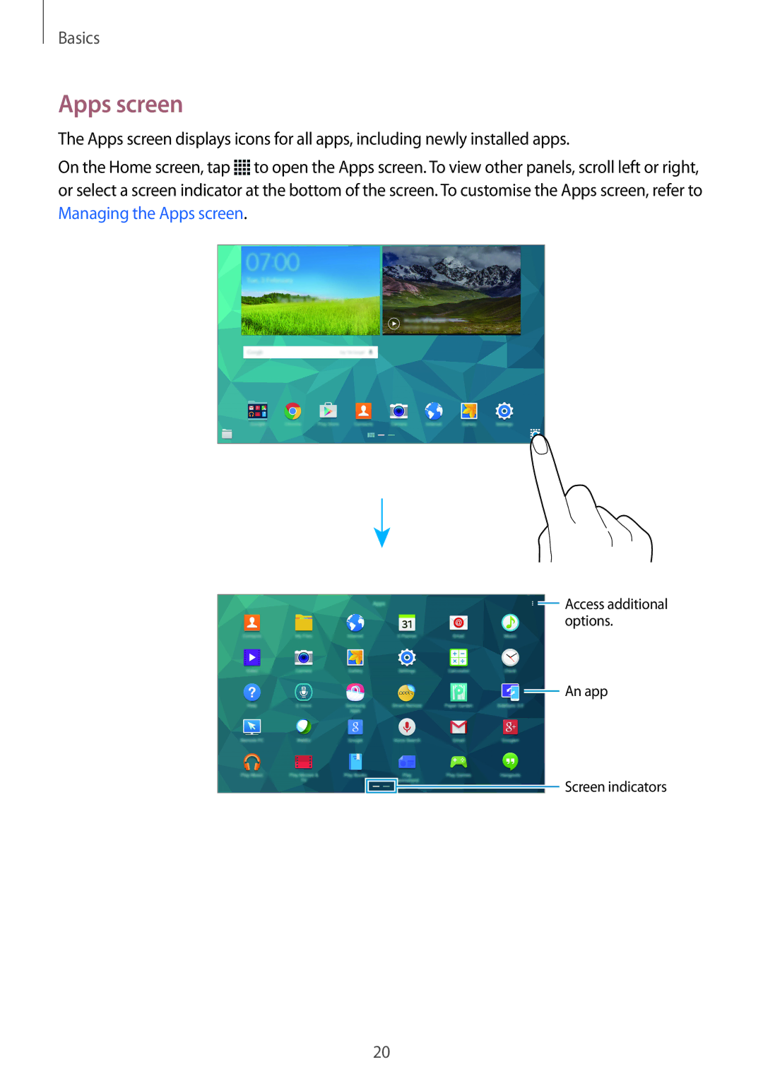 Samsung SM-T800NTSAITV, SM-T800NZWAEUR, SM-T800NTSAATO, SM-T800NHAAATO, SM-T800NTSASEB, SM-T800NZWADBT manual Apps screen 