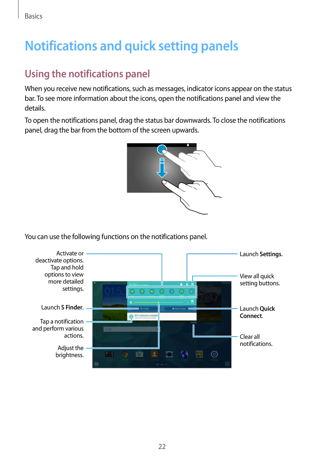 Samsung SM-T800NTSAAUT, SM-T800NZWAEUR manual Notifications and quick setting panels, Using the notifications panel 