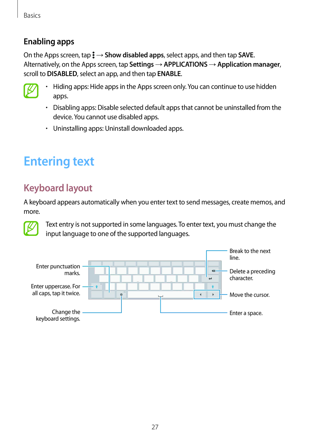 Samsung SM-T800NTSABGL, SM-T800NZWAEUR, SM-T800NTSAATO, SM-T800NHAAATO manual Entering text, Keyboard layout, Enabling apps 