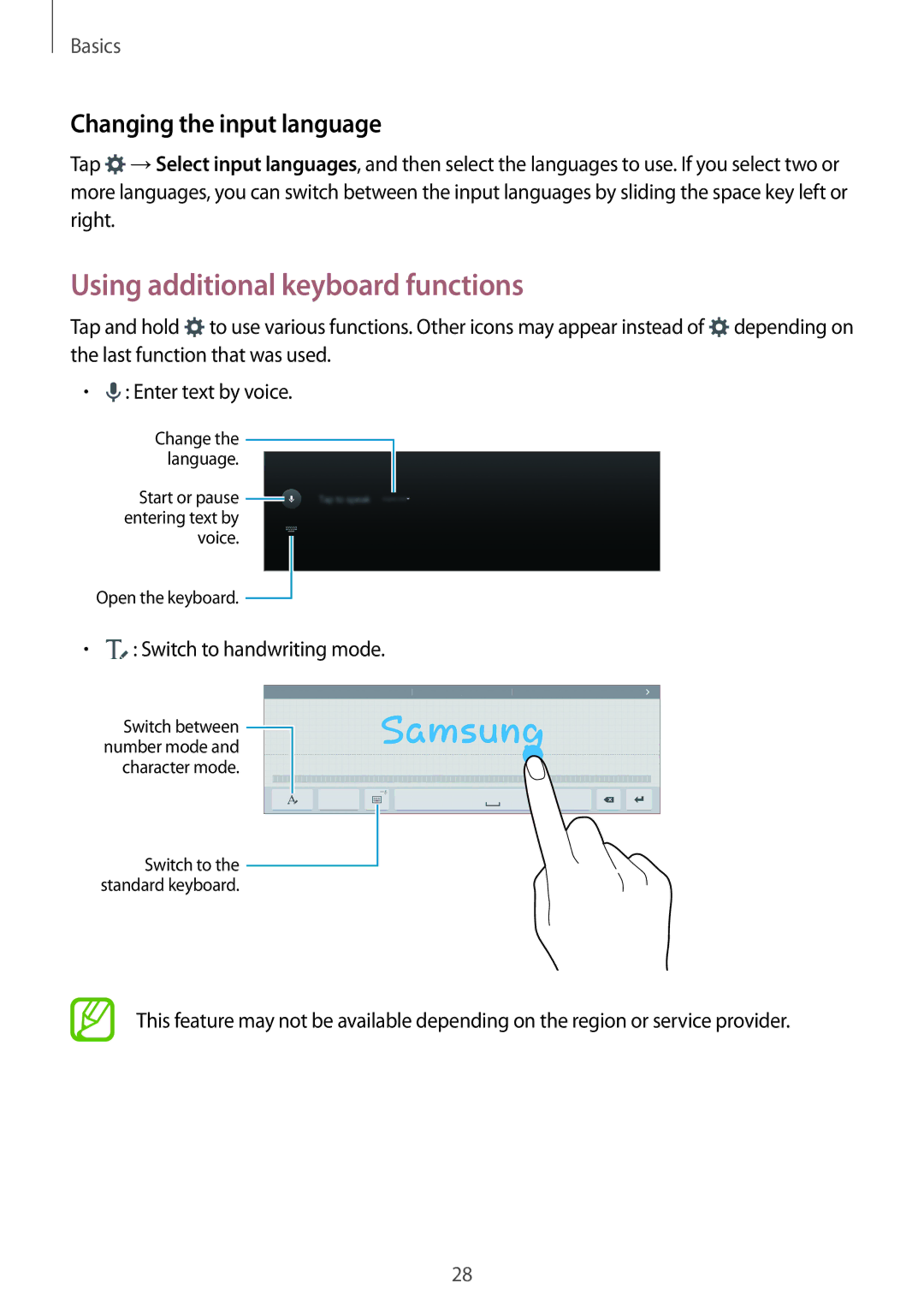 Samsung SM-T800NZWABGL manual Using additional keyboard functions, Changing the input language, Switch to handwriting mode 