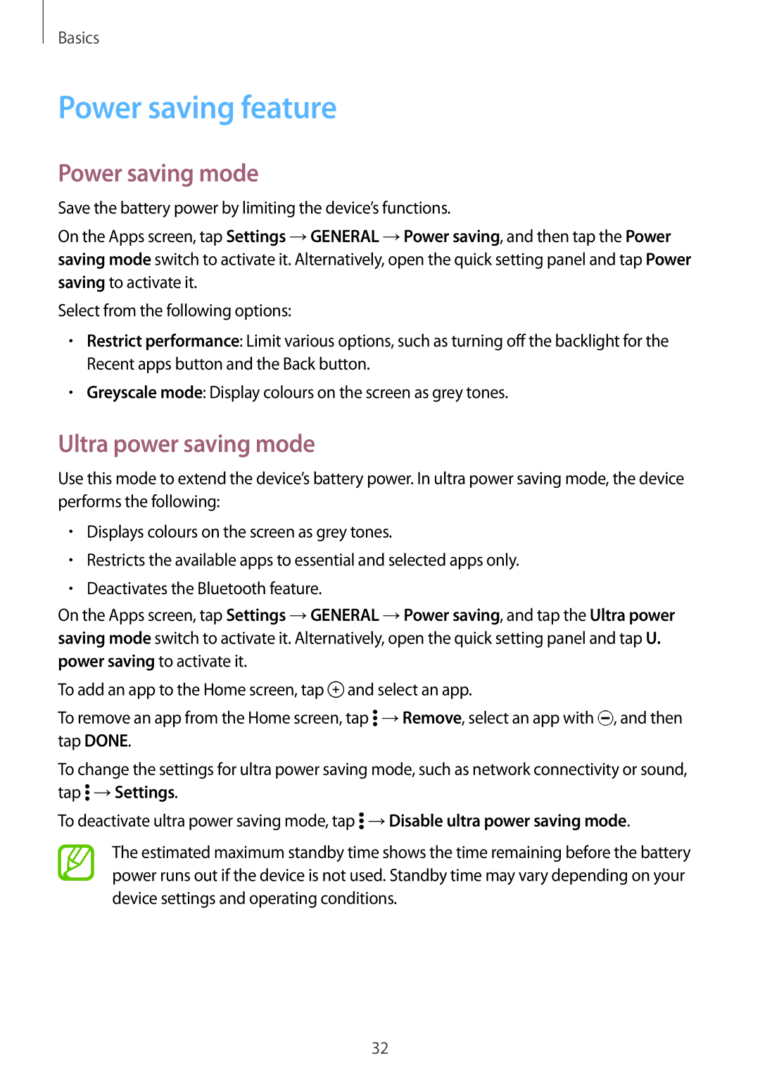 Samsung SM-T800NTSAXSK, SM-T800NZWAEUR, SM-T800NTSAATO Power saving feature, Power saving mode, Ultra power saving mode 