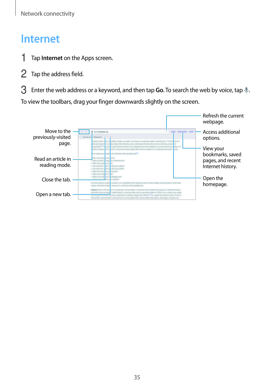 Samsung SM-T800NZWAXEZ, SM-T800NZWAEUR, SM-T800NTSAATO manual Tap Internet on the Apps screen, Tap the address field 