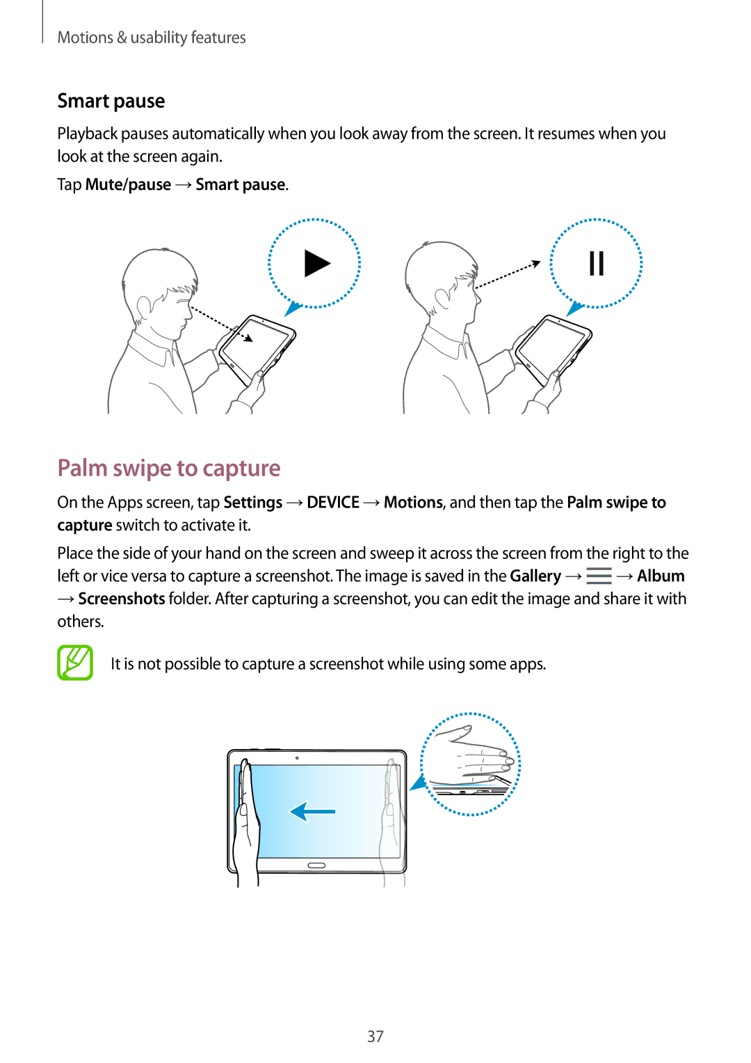 Samsung SM-T800NLSANEE, SM-T800NZWAEUR, SM-T800NTSAATO manual Palm swipe to capture, Tap Mute/pause →Smart pause 