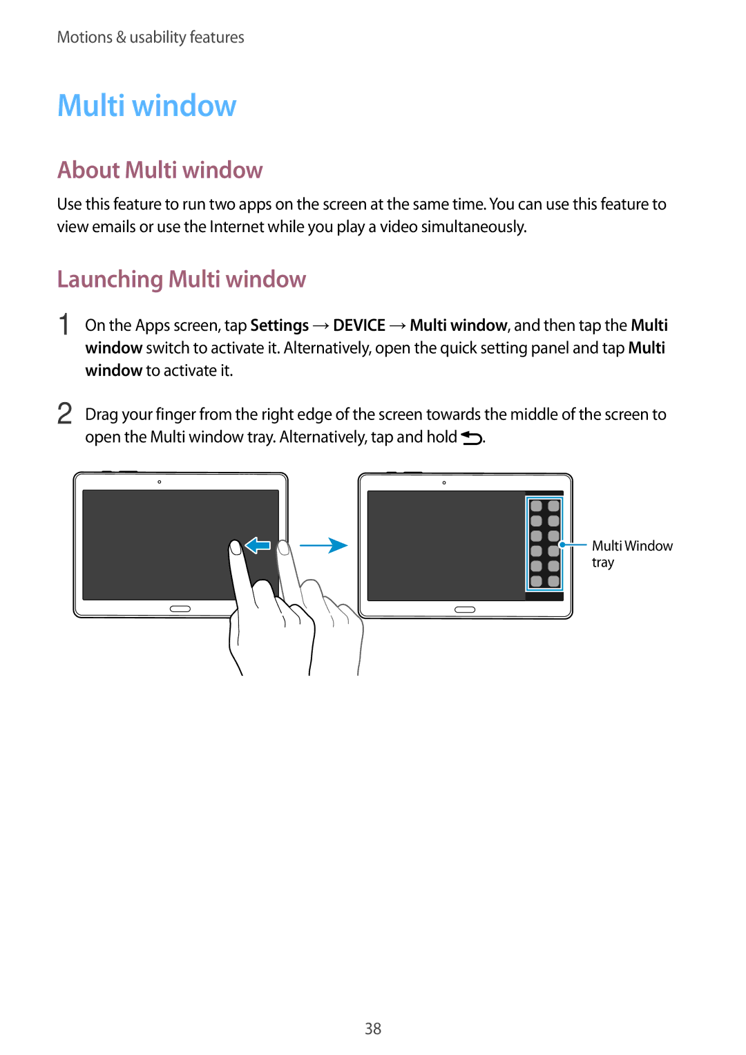 Samsung SM-T800NZWANEE, SM-T800NZWAEUR manual About Multi window, Launching Multi window, Window to activate it 
