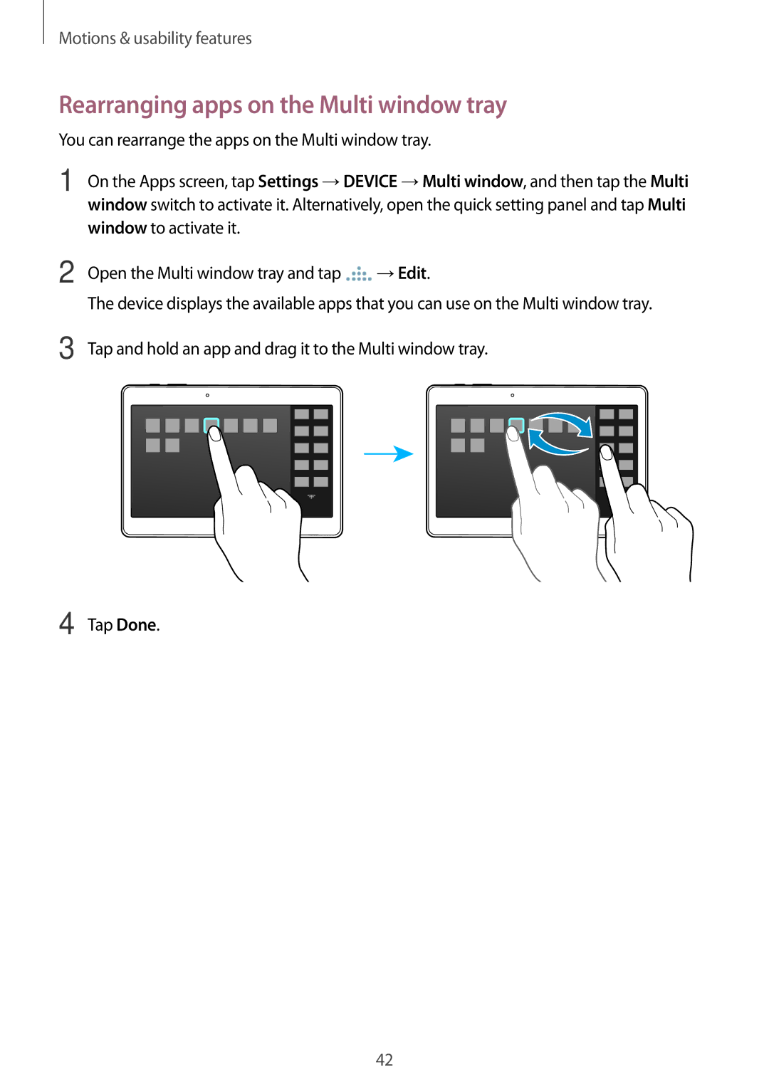 Samsung SM-T800NZWASER, SM-T800NZWAEUR, SM-T800NTSAATO, SM-T800NHAAATO manual Rearranging apps on the Multi window tray 