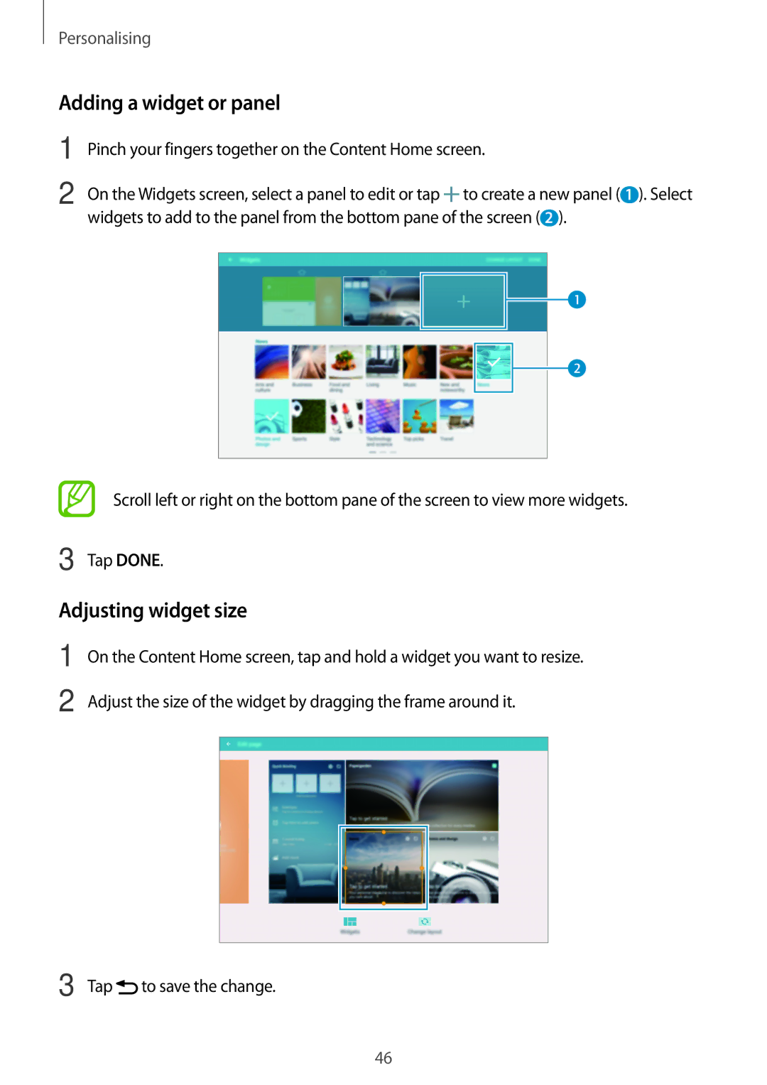 Samsung SM-T800NHAASER, SM-T800NZWAEUR, SM-T800NTSAATO, SM-T800NHAAATO Adding a widget or panel, Adjusting widget size, Tap 