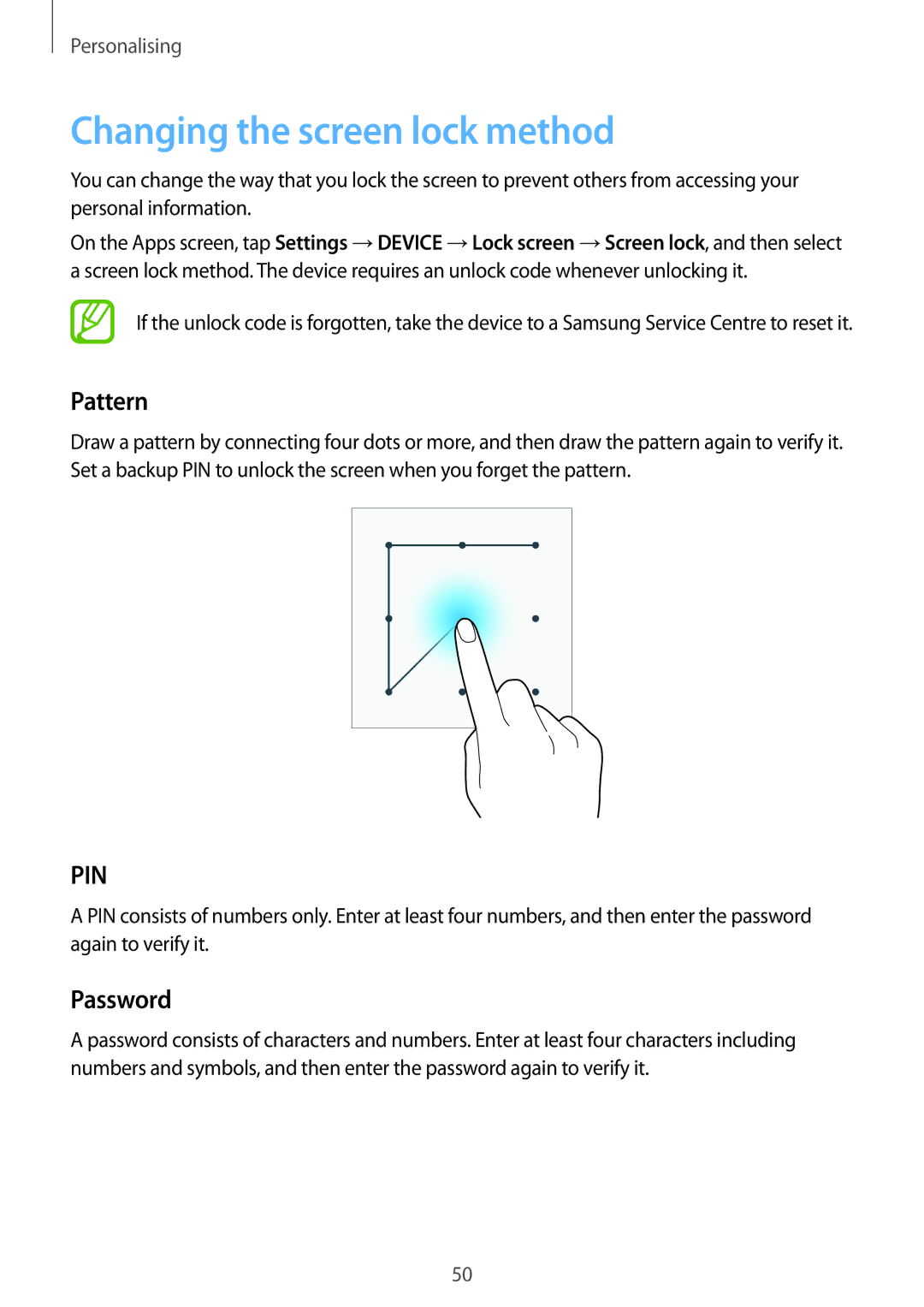 Samsung SM-T800NTSASEB, SM-T800NZWAEUR, SM-T800NTSAATO, SM-T800NHAAATO Changing the screen lock method, Pattern, Password 