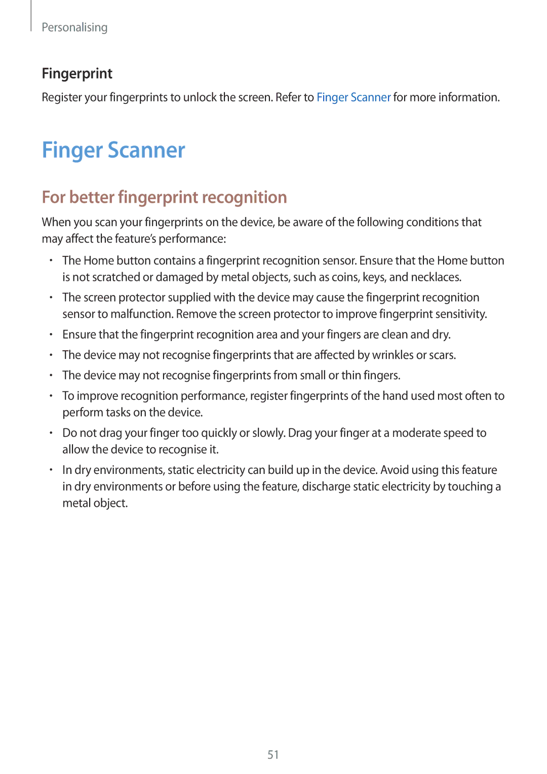 Samsung SM-T800NZWADBT, SM-T800NZWAEUR, SM-T800NTSAATO manual Finger Scanner, For better fingerprint recognition, Fingerprint 
