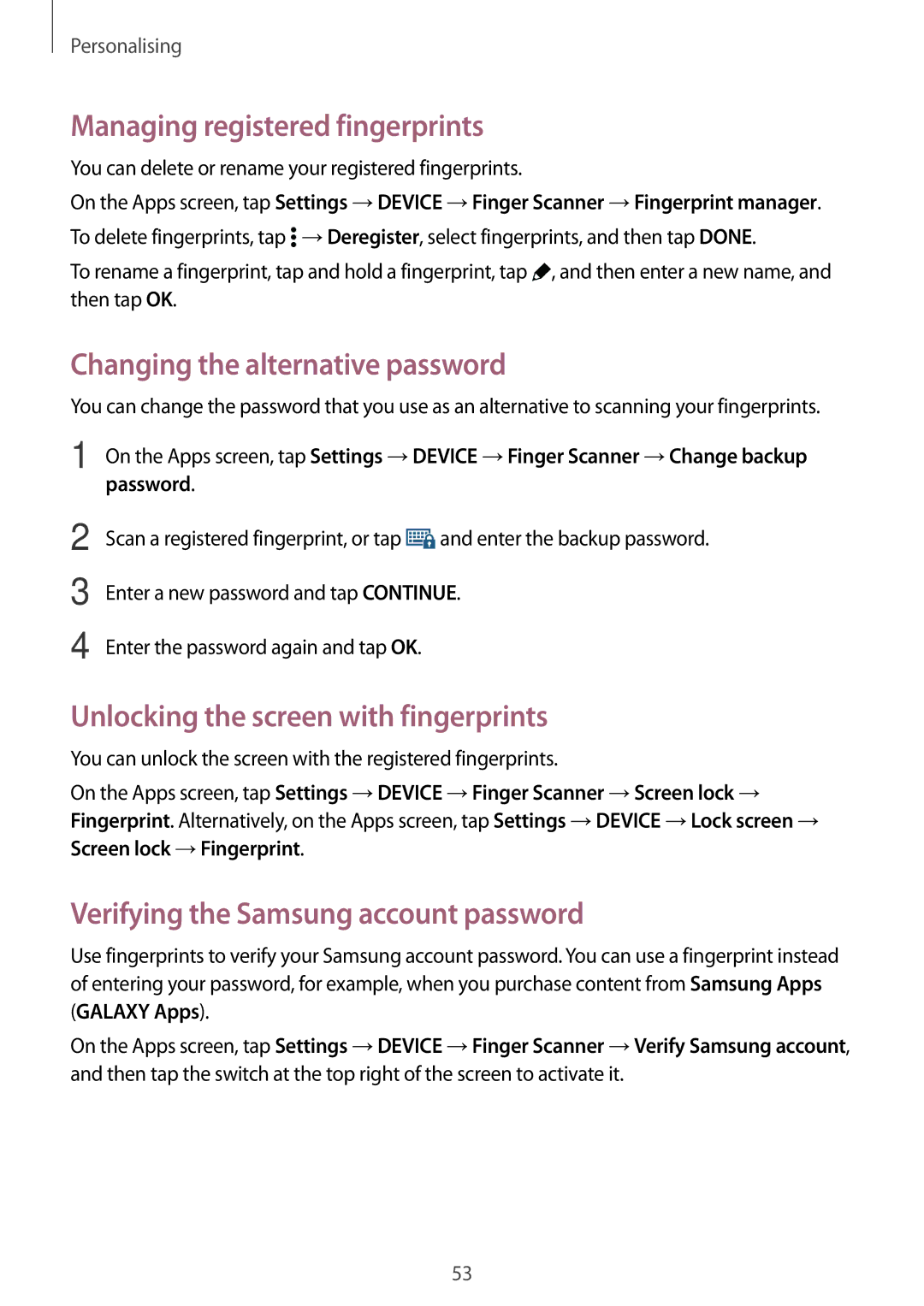 Samsung SM-T800NTSATPH, SM-T800NZWAEUR, SM-T800NTSAATO Managing registered fingerprints, Changing the alternative password 