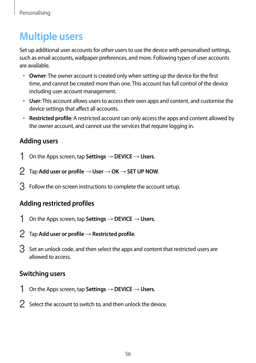 Samsung SM-T800NTSAEUR, SM-T800NZWAEUR manual Multiple users, Adding users, Adding restricted profiles, Switching users 