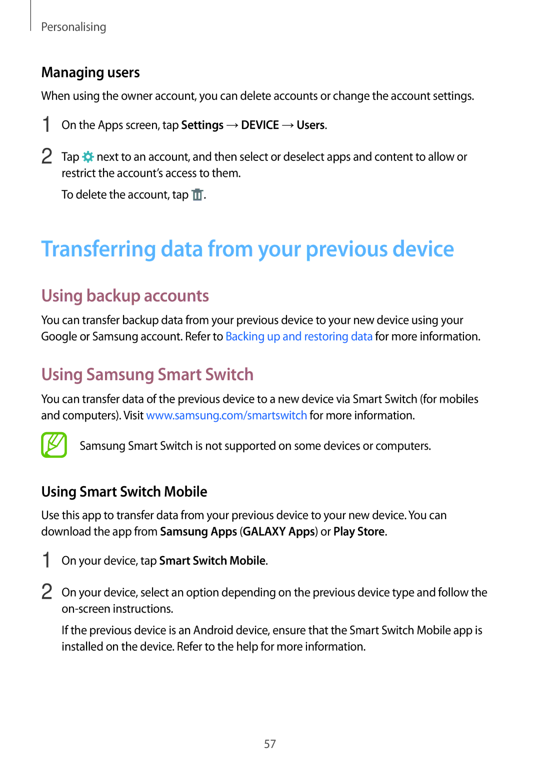 Samsung SM-T800NZWATPH Transferring data from your previous device, Using backup accounts, Using Samsung Smart Switch 