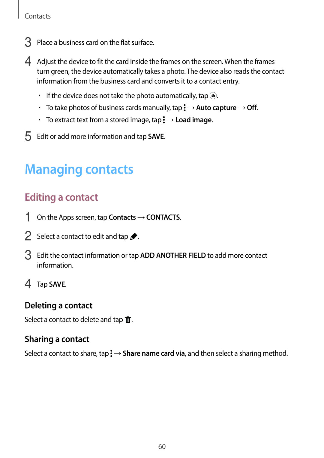 Samsung SM-T800NTSADBT, SM-T800NZWAEUR manual Managing contacts, Editing a contact, Deleting a contact, Sharing a contact 