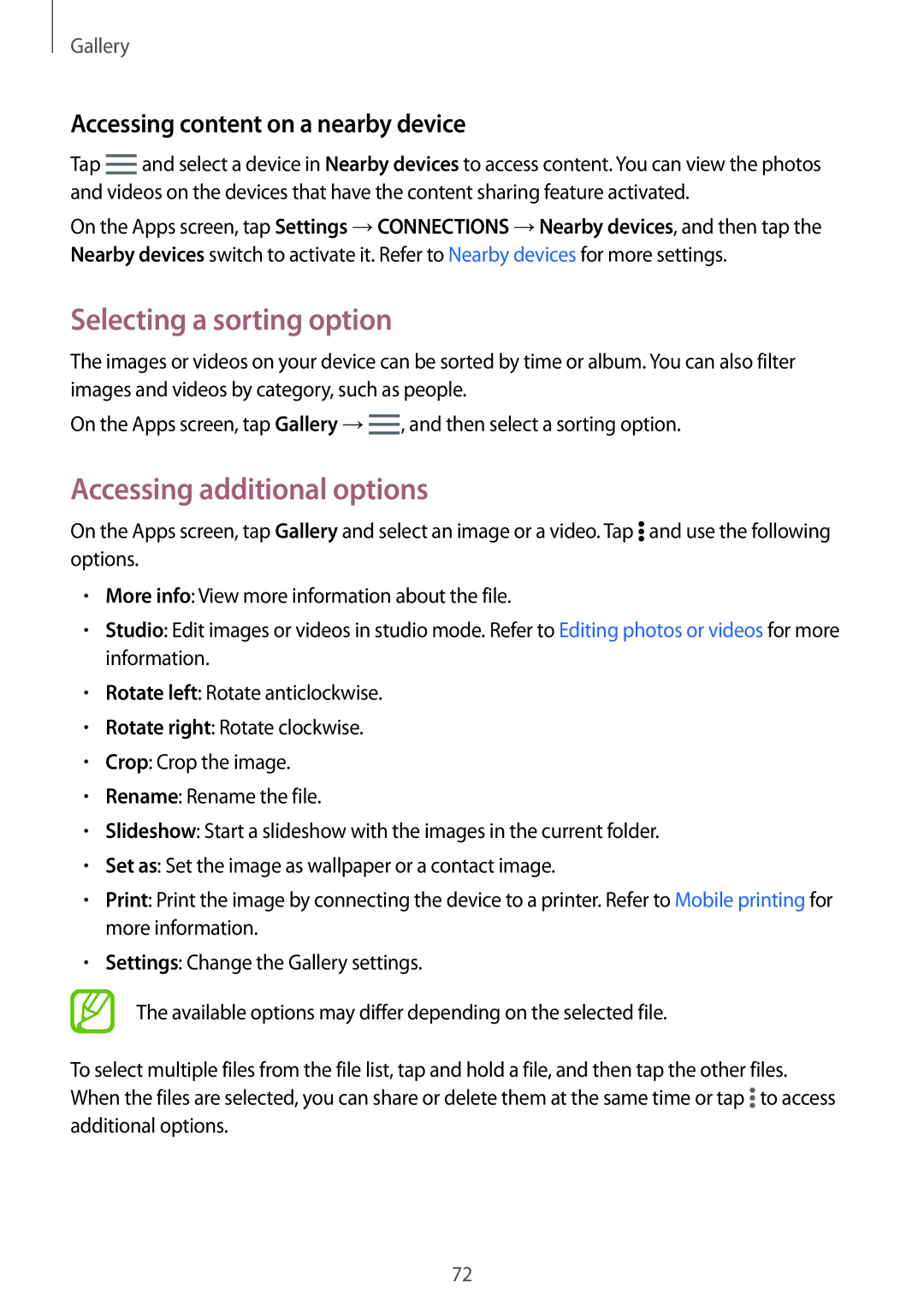 Samsung SM-T800NTSAPHE Selecting a sorting option, Accessing additional options, Accessing content on a nearby device 