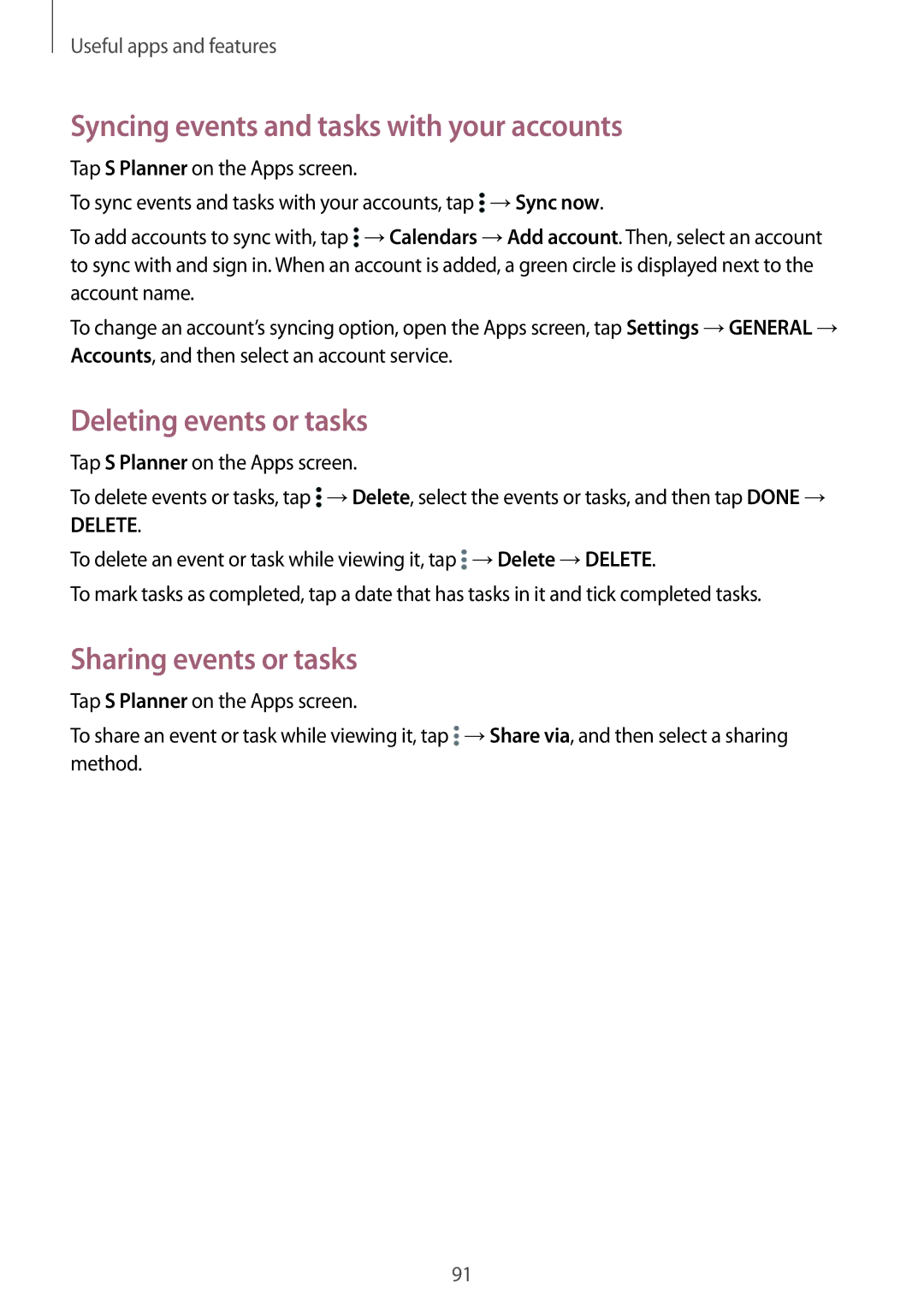 Samsung SM-T800NTSYSER Syncing events and tasks with your accounts, Deleting events or tasks, Sharing events or tasks 