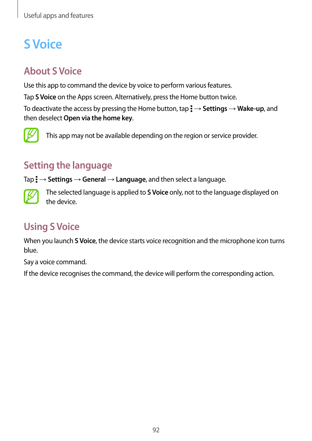 Samsung SM-T800NTSASER, SM-T800NZWAEUR, SM-T800NTSAATO manual About S Voice, Setting the language, Using S Voice 