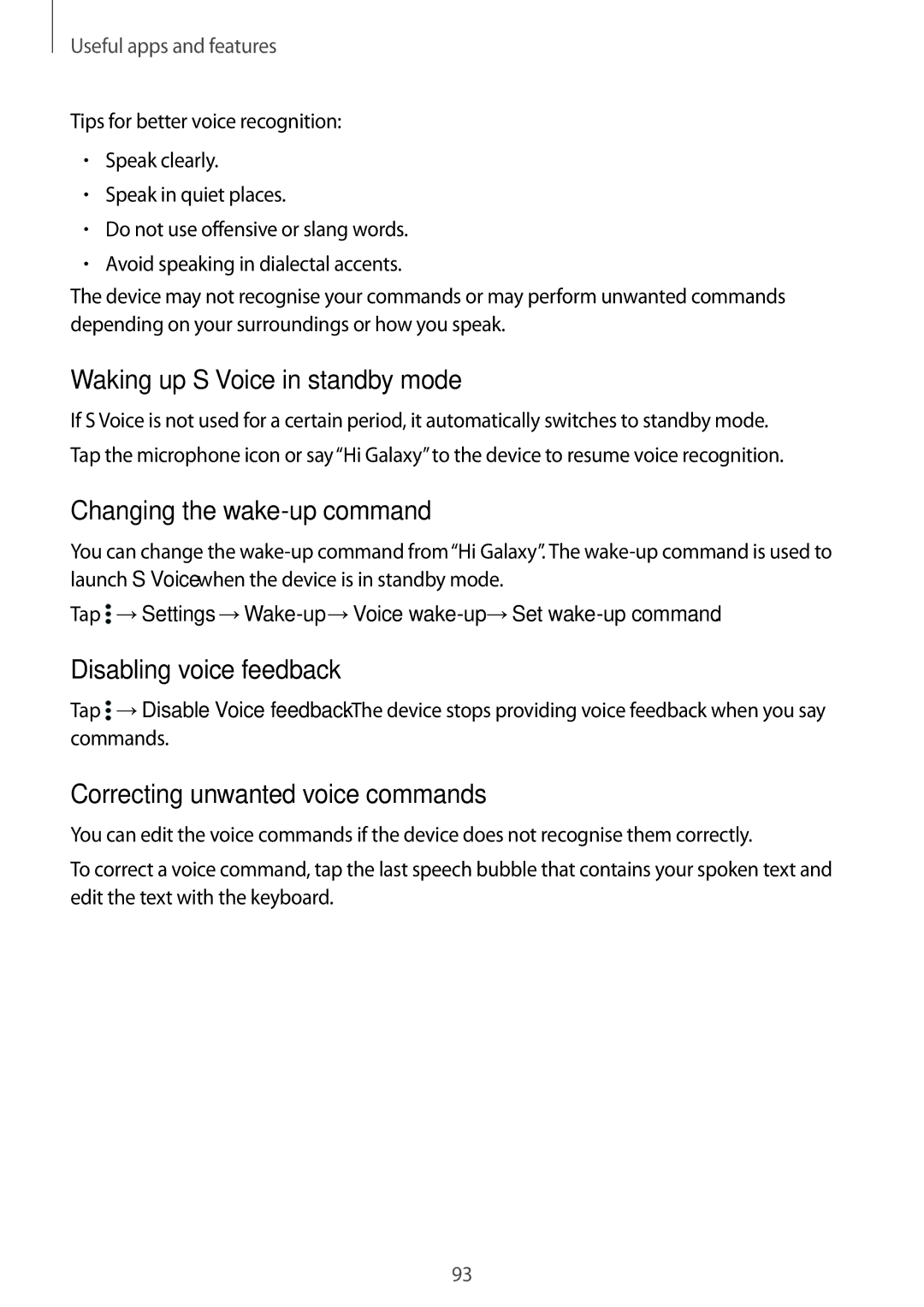 Samsung SM-T800NHAASER manual Waking up S Voice in standby mode, Changing the wake-up command, Disabling voice feedback 