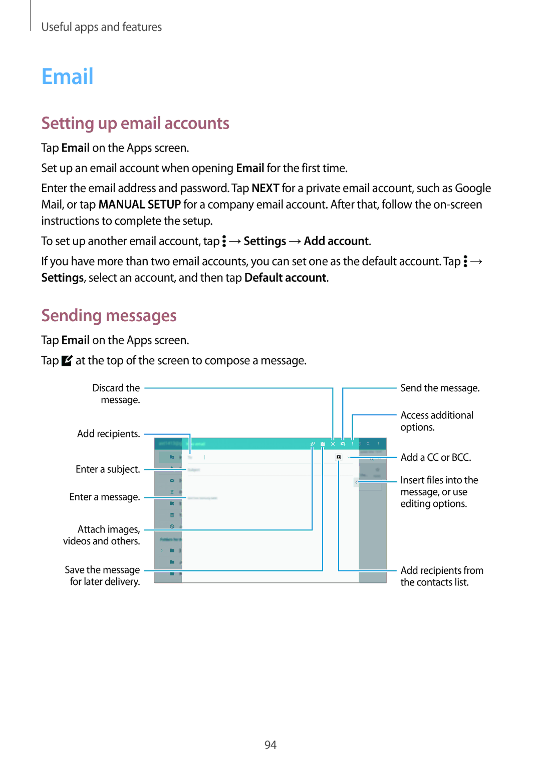 Samsung SM-T800NZWAEUR, SM-T800NTSAATO manual Setting up email accounts, Sending messages, Tap Email on the Apps screen 