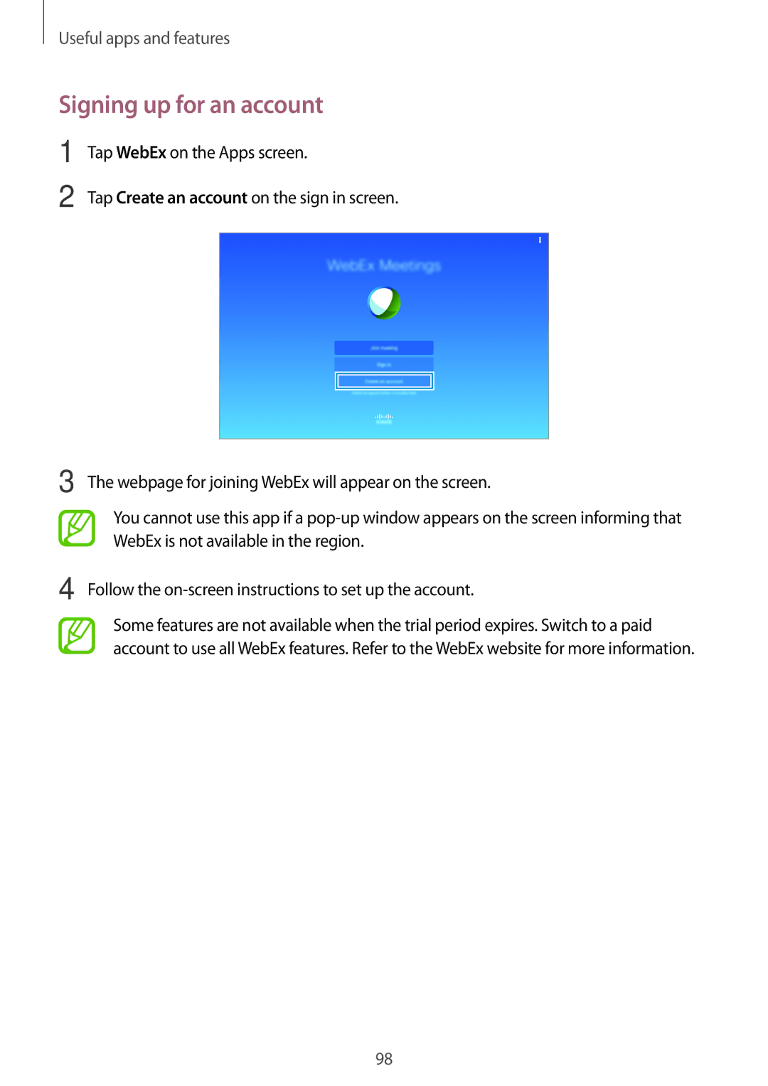 Samsung SM-T800NZWADBT, SM-T800NZWAEUR, SM-T800NTSAATO, SM-T800NHAAATO, SM-T800NTSASEB manual Signing up for an account 