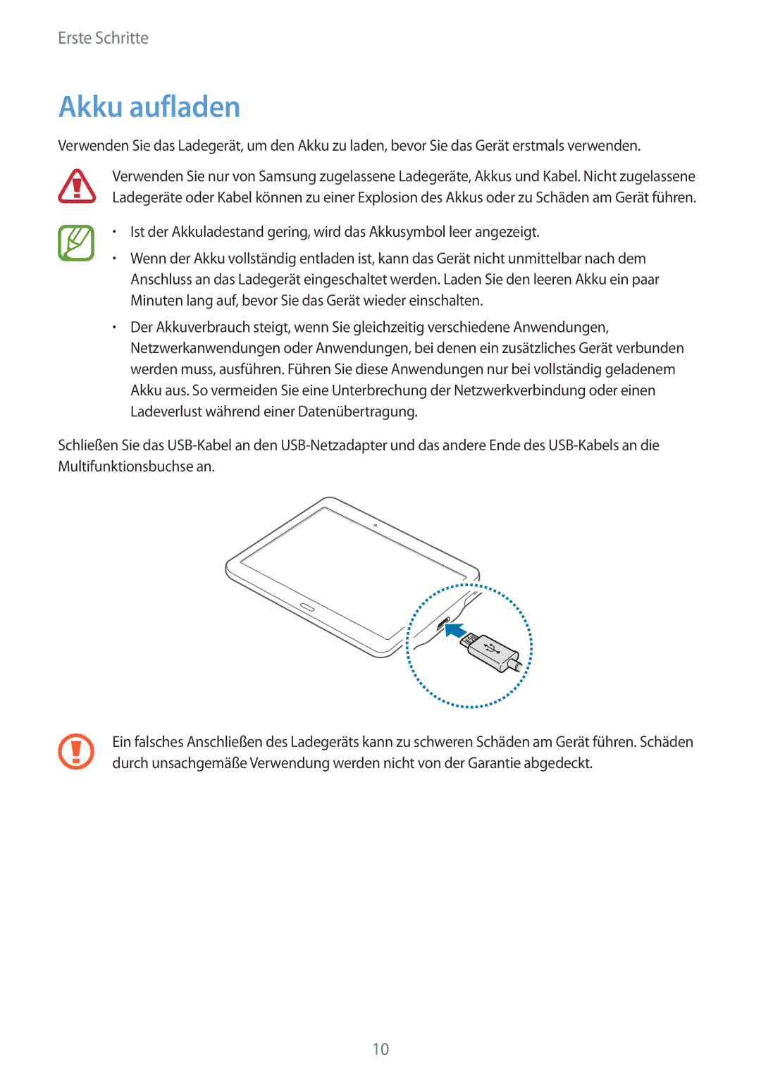 Samsung SM-T800NZWATPH, SM-T800NZWAEUR, SM-T800NTSAATO, SM-T800NHAAATO, SM-T800NTSASEB, SM-T800NZWADBT manual Akku aufladen 