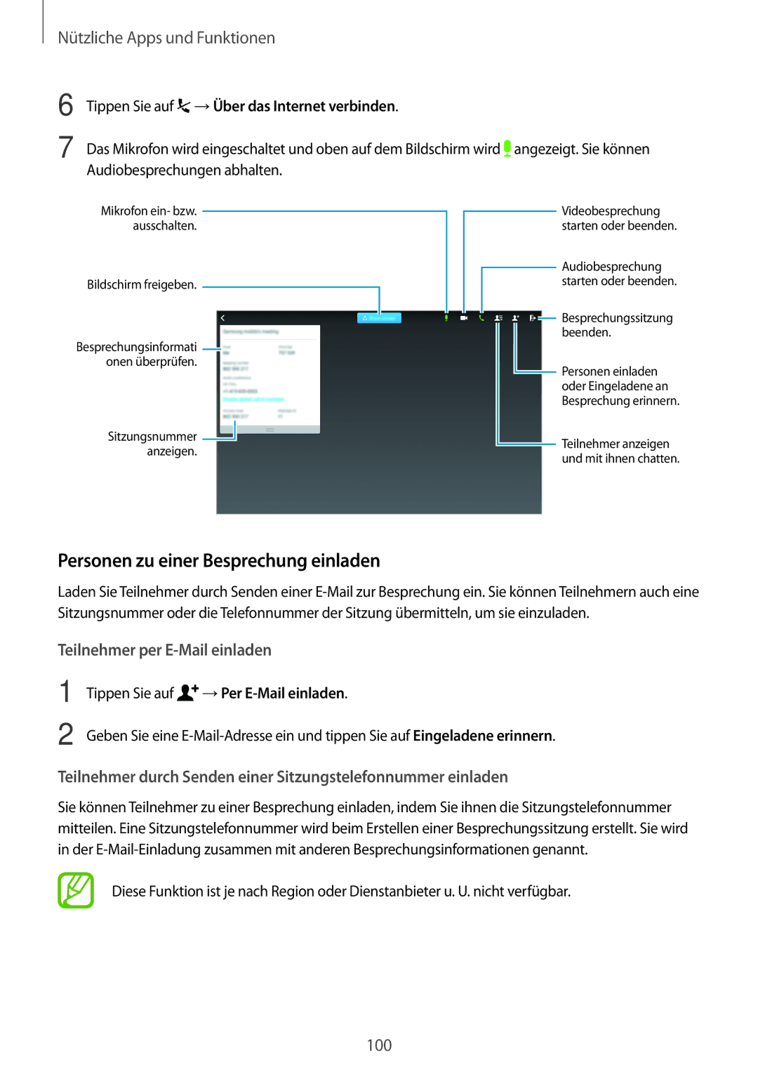 Samsung SM-T800NTSAXEO, SM-T800NZWAEUR Personen zu einer Besprechung einladen, Tippen Sie auf →Über das Internet verbinden 