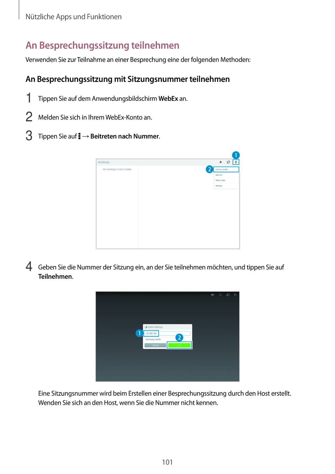 Samsung SM-T800NTSATPH manual An Besprechungssitzung teilnehmen, An Besprechungssitzung mit Sitzungsnummer teilnehmen 