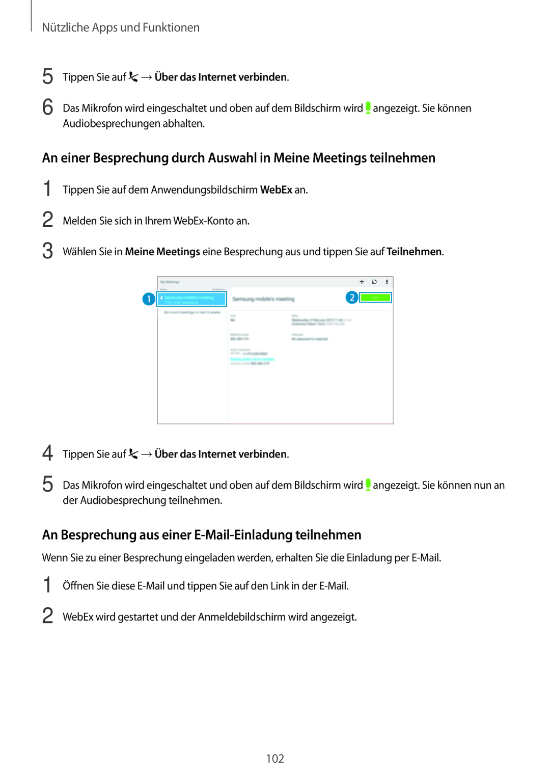 Samsung SM-T800NZWATUR, SM-T800NZWAEUR, SM-T800NTSAATO, SM-T800NHAAATO An Besprechung aus einer E-Mail-Einladung teilnehmen 