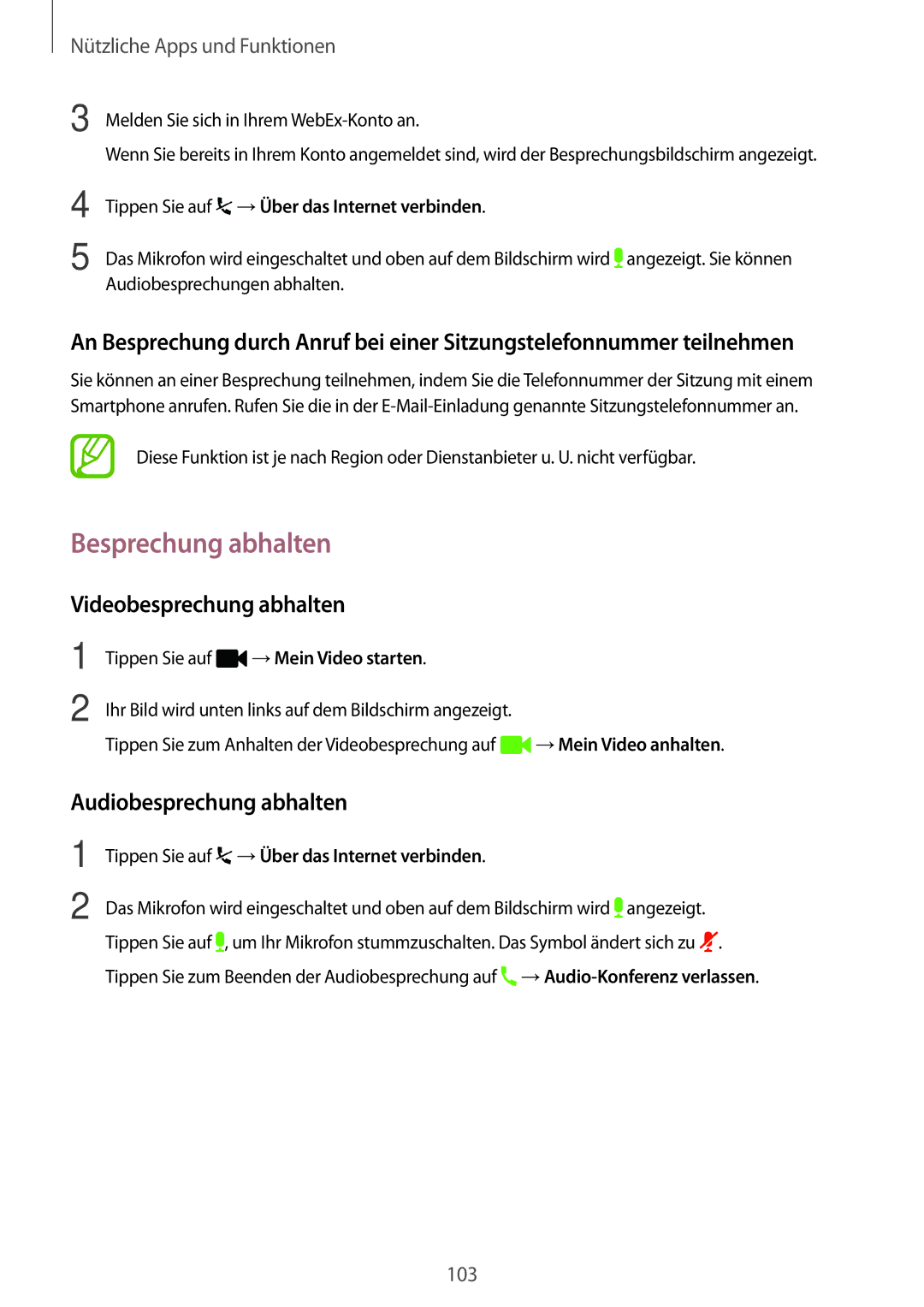 Samsung SM-T800NTSETPH, SM-T800NZWAEUR manual Besprechung abhalten, Videobesprechung abhalten, Audiobesprechung abhalten 