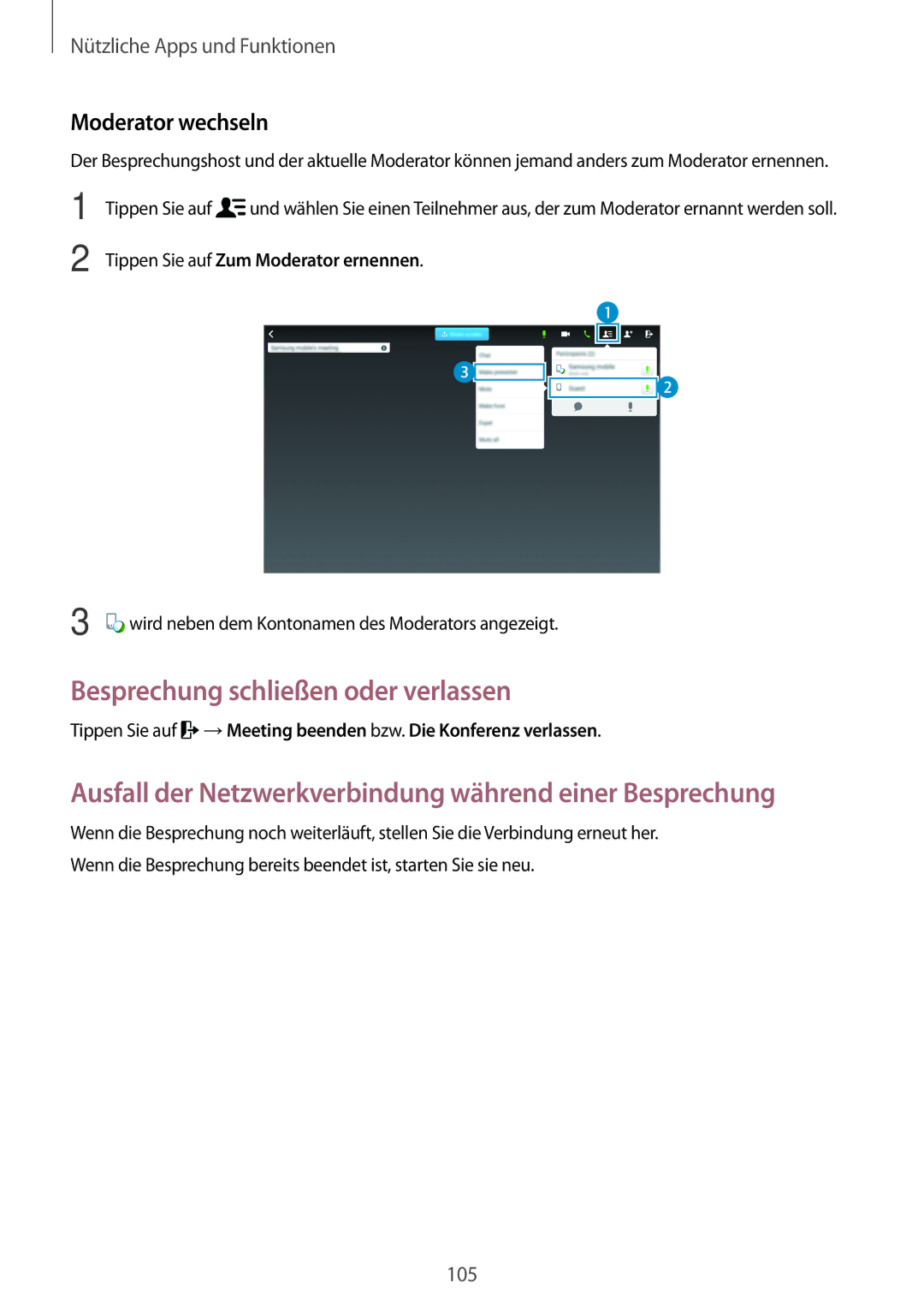 Samsung SM-T800NZWATPH Besprechung schließen oder verlassen, Ausfall der Netzwerkverbindung während einer Besprechung 